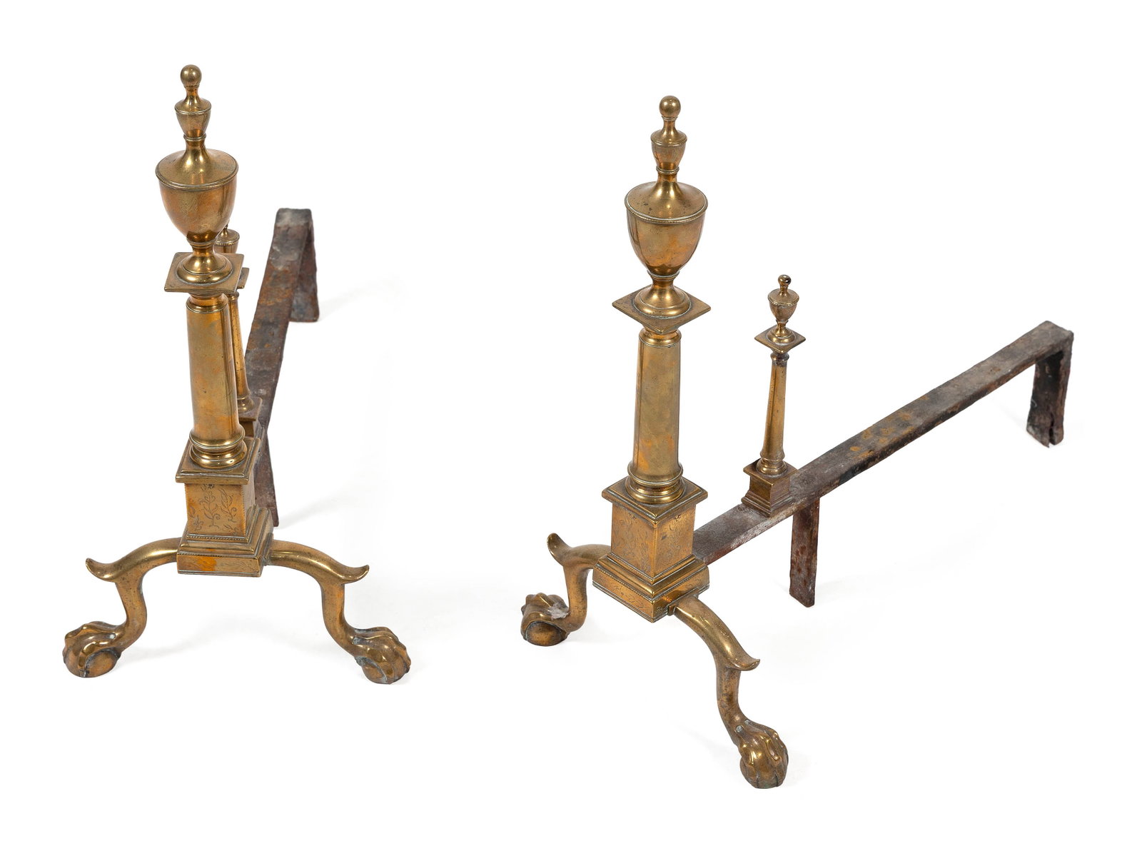 PAIR OF CHIPPENDALE BRASS ANDIRONS Probably Philadelphia, Circa 1790 Heights 21". Depths 21.25". (1 of 2)