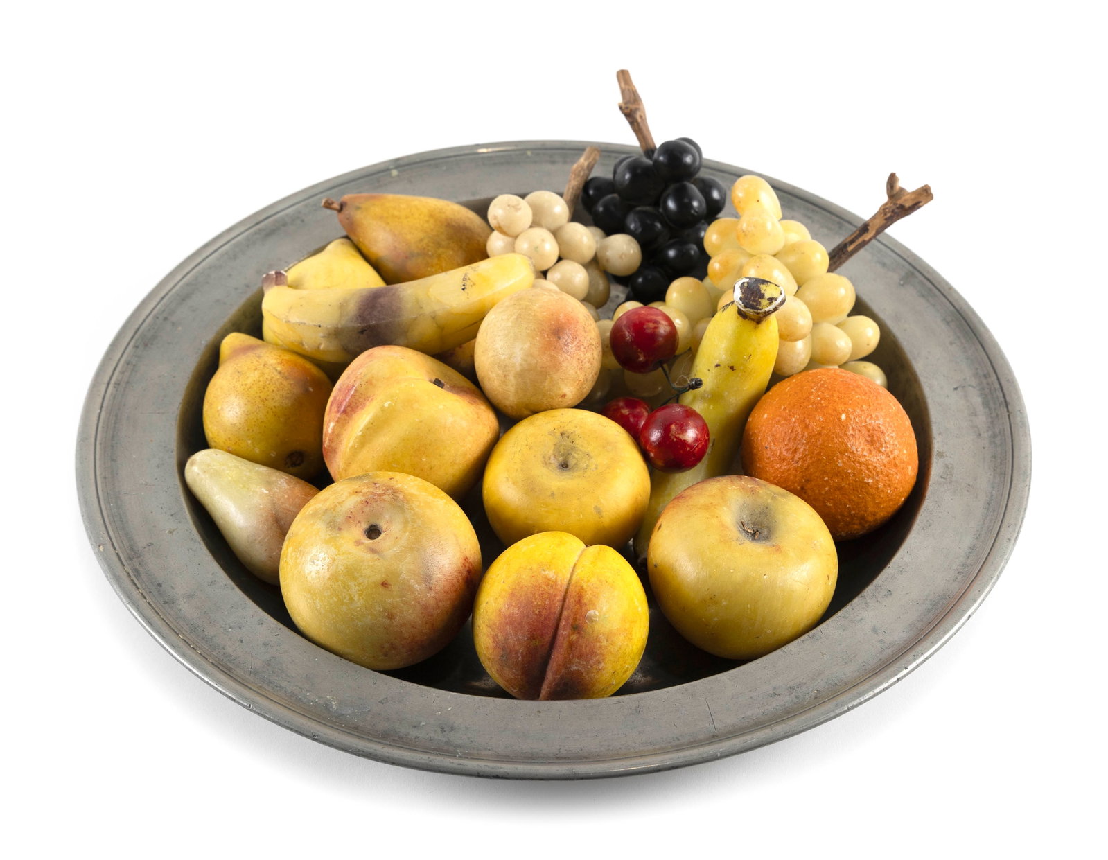 STEPHEN COX PEWTER PLATTER CONTAINING A COLLECTION OF STONE FRUIT Platter diameter 16.5". (1 of 1)