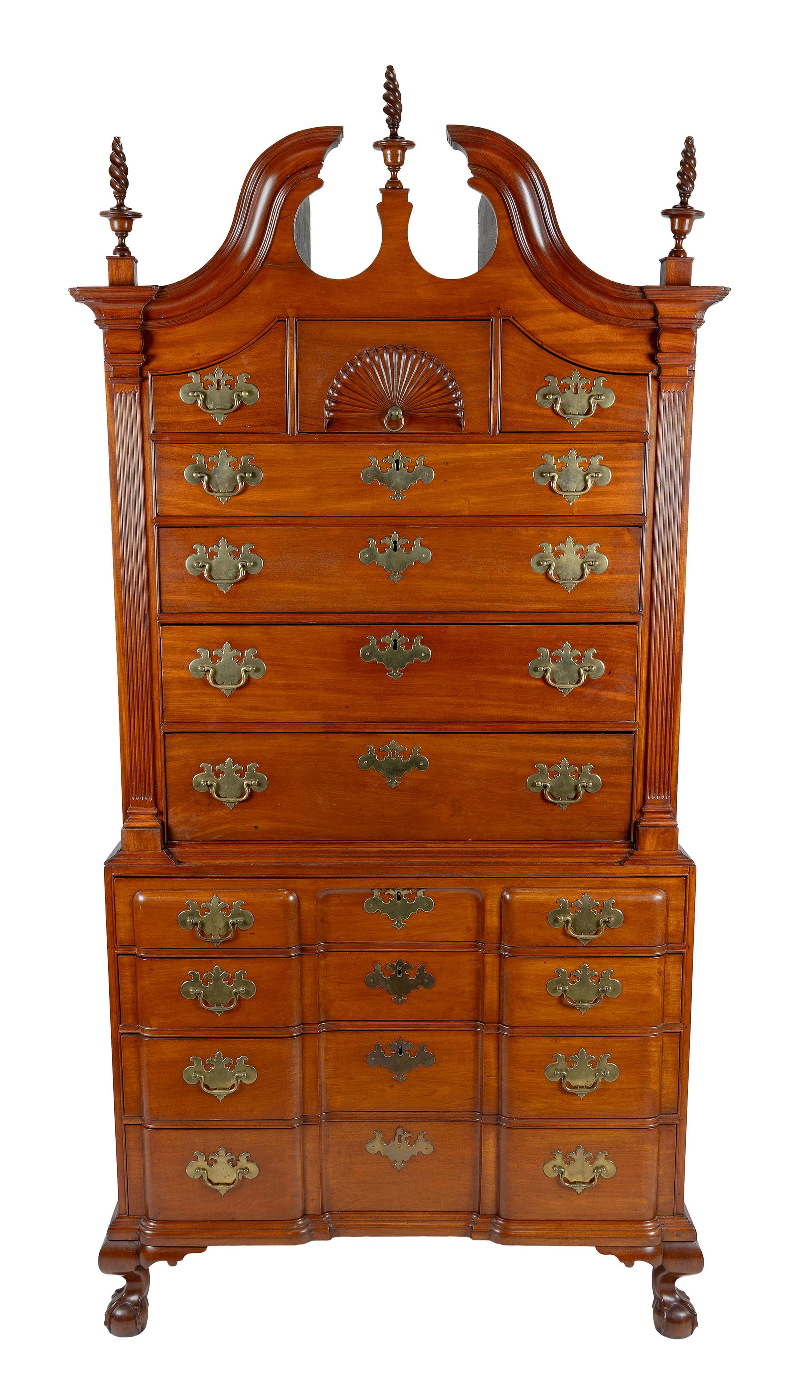 CHIPPENDALE MAHOGANY BLOCK-FRONT BONNET-TOP CHEST-ON-CHEST Boston or North Shore, Massachusetts, (1 of 8)