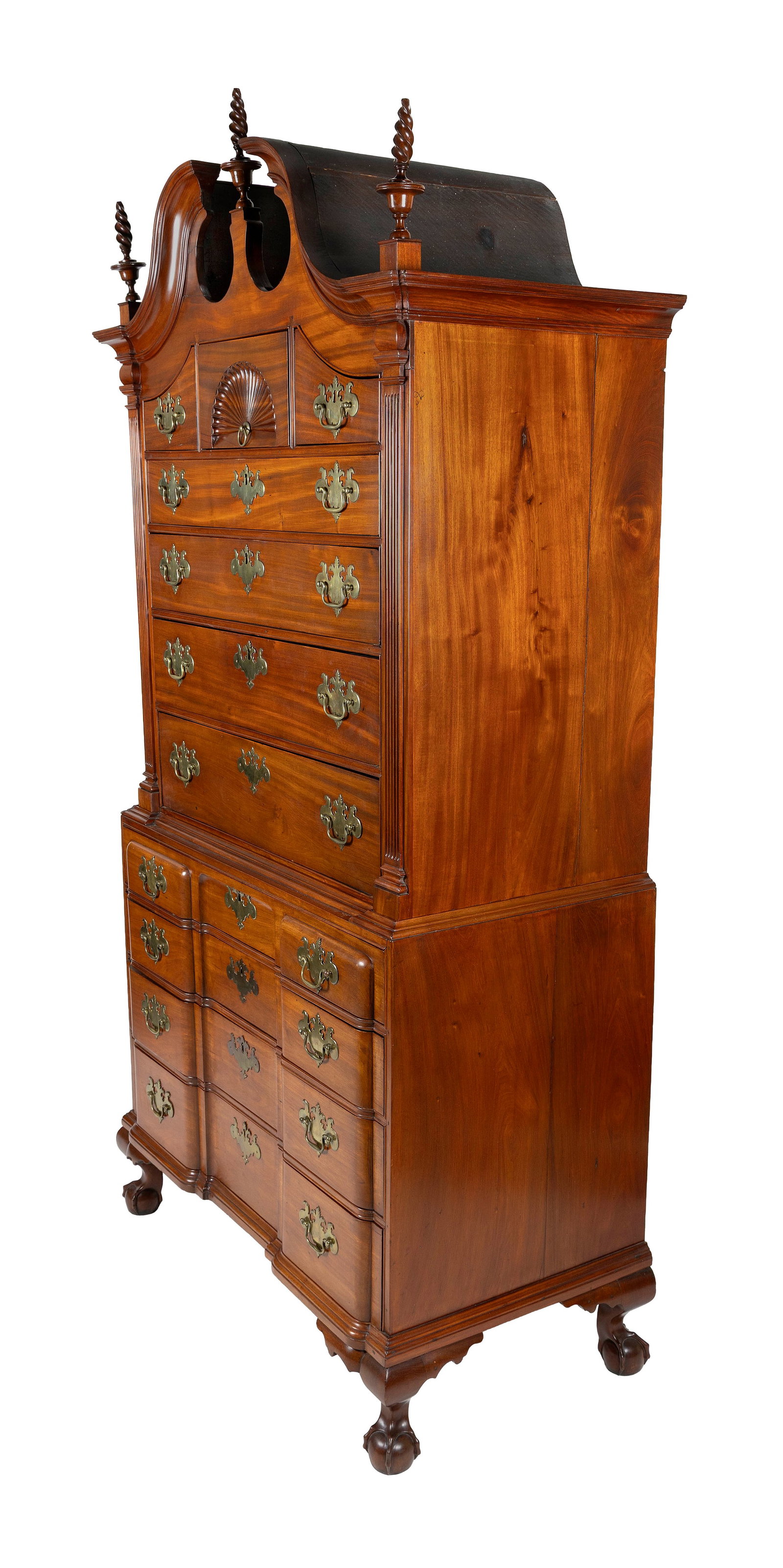 CHIPPENDALE MAHOGANY BLOCK-FRONT BONNET-TOP CHEST-ON-CHEST Boston or North Shore, Massachusetts, - 4