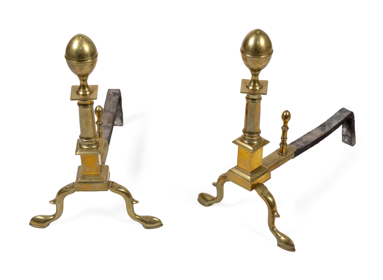 PAIR OF LABELED JOHN MOLINEAUX BRASS ANDIRONS Boston, Circa 1800 Heights 19.75". Depths 17". (1 of 3)