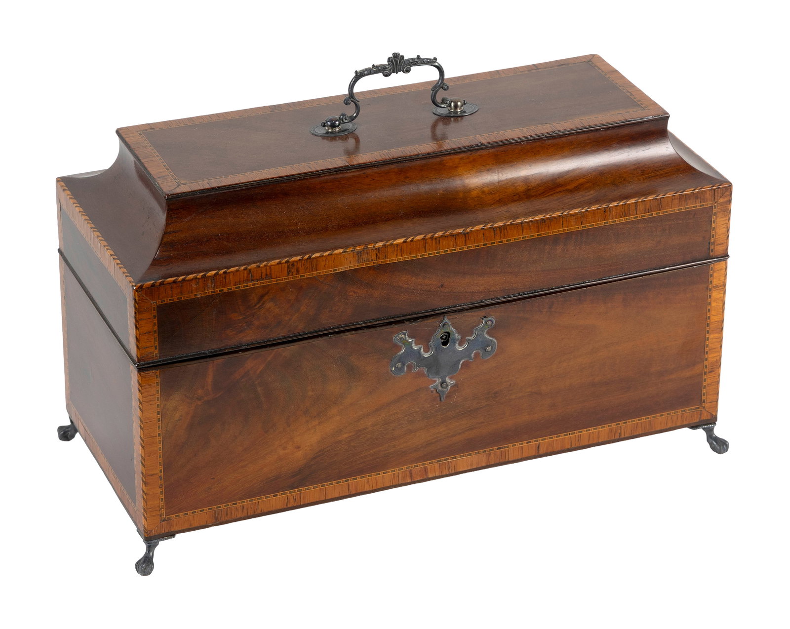 FINE MAHOGANY VENEER TEA BOX America or England, Circa 1800 Height 8.5". Total width 13.75". Total (1 of 5)
