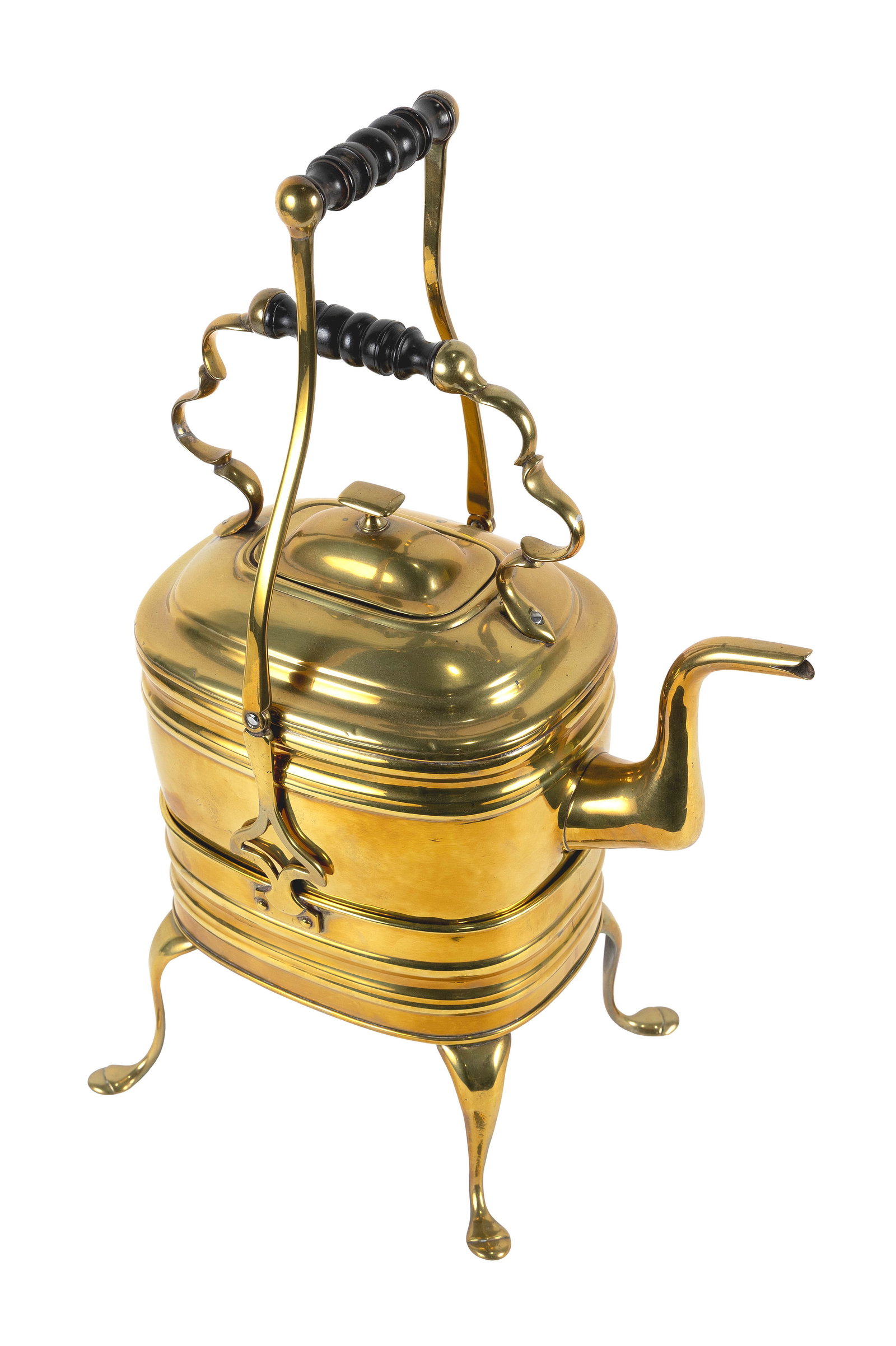 ENGLISH BRASS KETTLE ON STAND Circa 1810-1825 Total height on stand 16.5". Length with handle down (1 of 3)