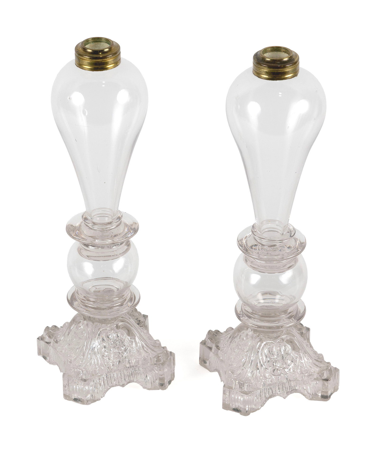 PAIR OF CLEAR GLASS WHALE OIL LAMPS Probably Sandwich, Massachusetts, 19th Century Heights including (1 of 3)