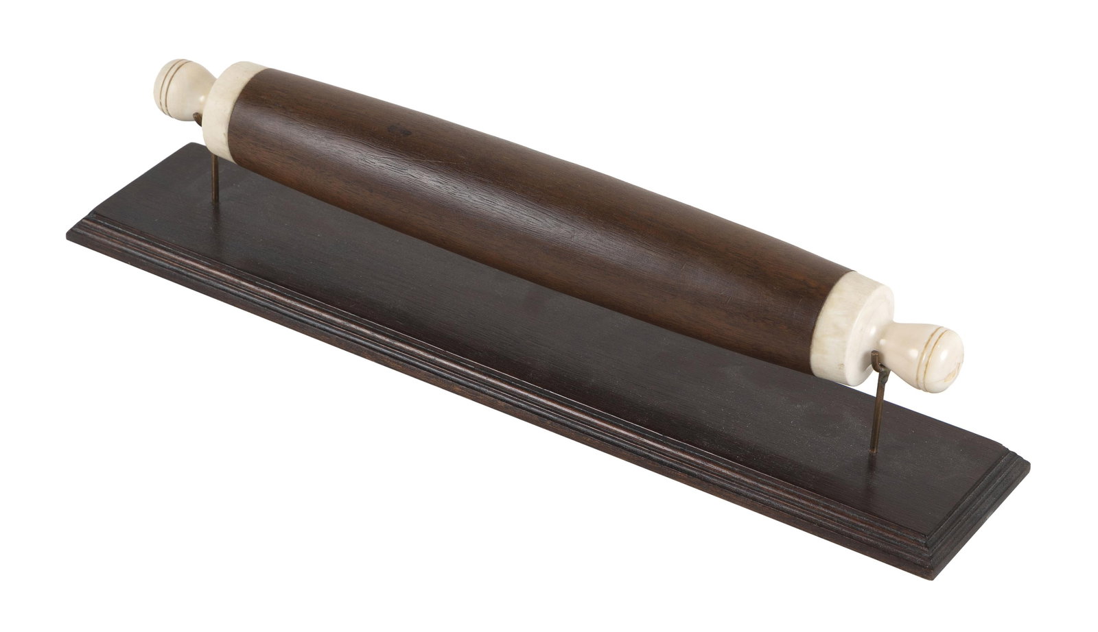 SCRIMSHAW WHALE IVORY AND MAHOGANY ROLLING PIN America, Circa 1850 Length 16". With stand. (1 of 3)
