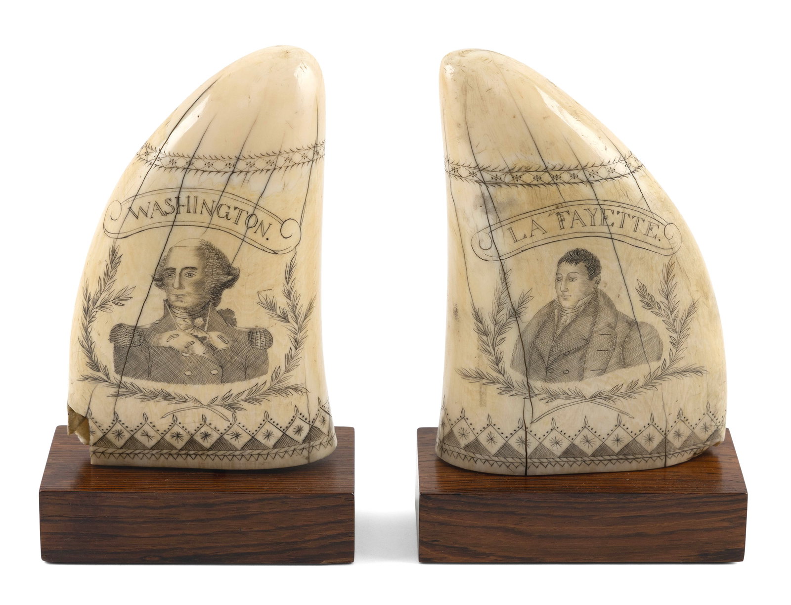 EXTREMELY RARE AND IMPORTANT PAIR OF BANKNOTE ENGRAVER SCRIMSHAW WHALE'S TEETH DEPICTING WASHINGTON: EXTREMELY RARE AND IMPORTANT PAIR OF BANKNOTE ENGRAVER SCRIMSHAW WHALE'S TEETH DEPICTING WASHINGTON AND LA FAYETTE Circa 1850 Finely detailed and delicately shaded, as typical for the Banknote Engrave