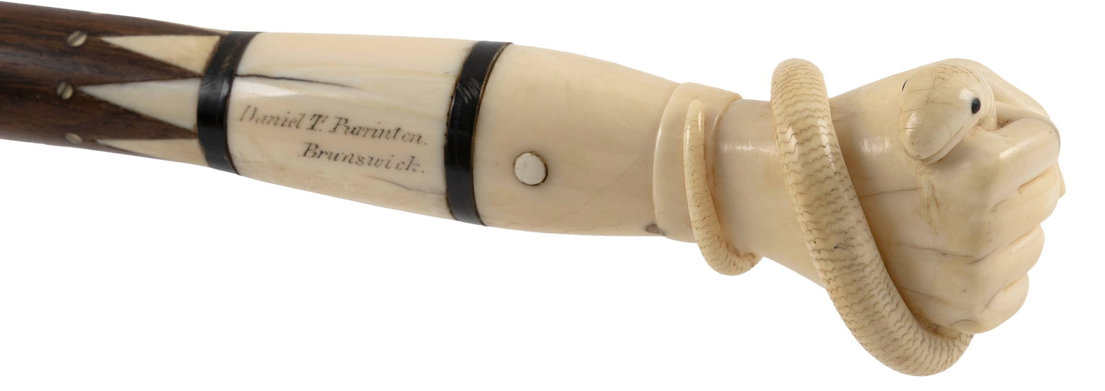 EXCEPTIONAL SCRIMSHAW CLENCHED FIST WALKING STICK New England, Mid-?19th Century Length 35". (1 of 2)