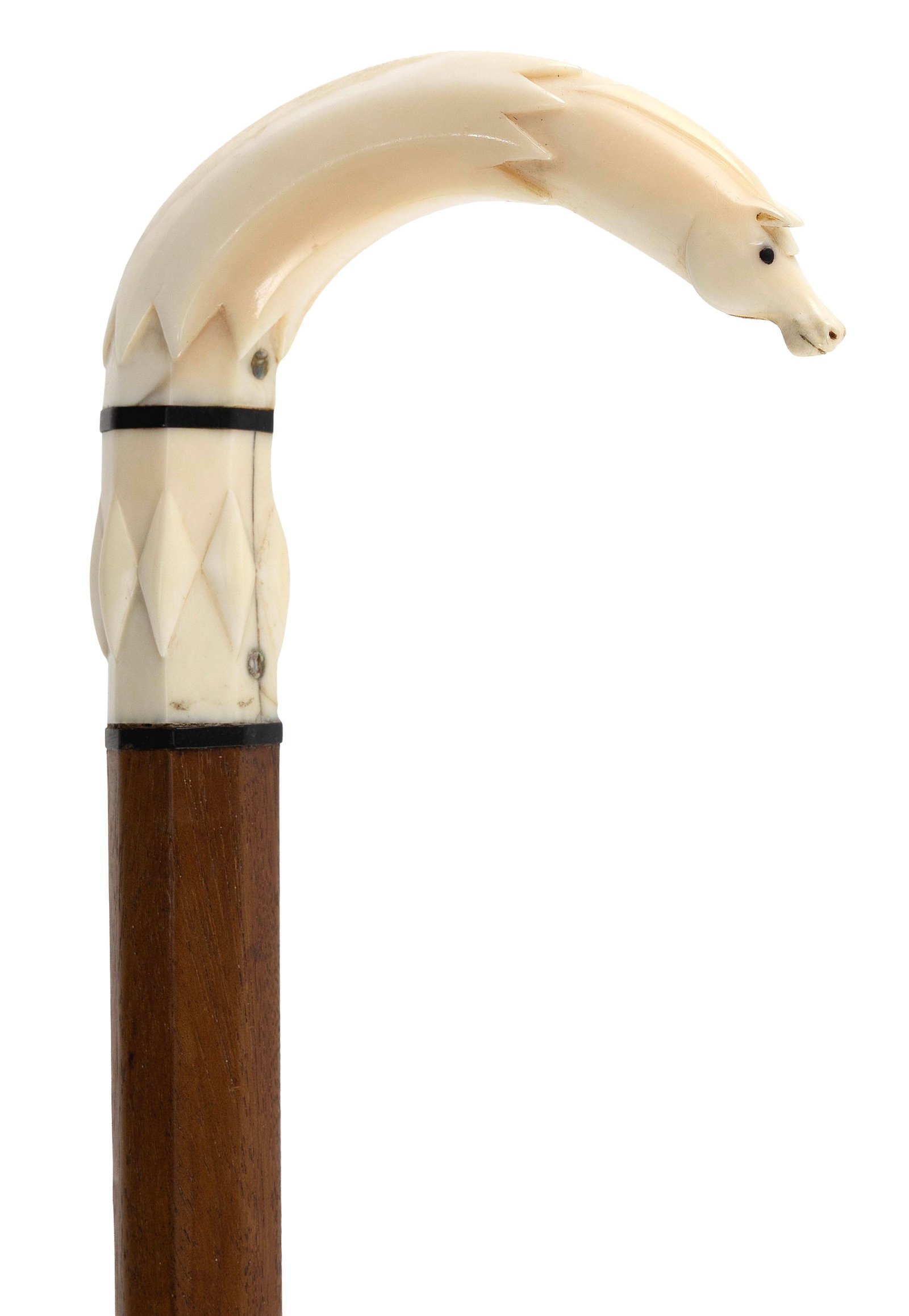 SCRIMSHAW SEAHORSE WALKING STICK Probably New England, 19th Century Length 34".: SCRIMSHAW SEAHORSE WALKING STICK Probably New England, 19th Century Whale ivory handle carved as a seahorse emerging from waves. Horse with sharply pointed ears, pronounced jowls, flaring nostrils, a 