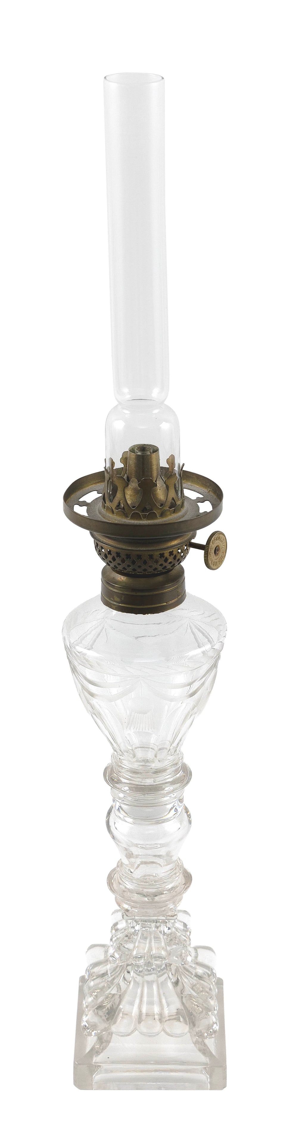 AMERICAN BLOWN AND PRESSED CLEAR GLASS WHALE OIL LAMP Probably Sandwich, Massachusetts, Circa 1880 (1 of 1)