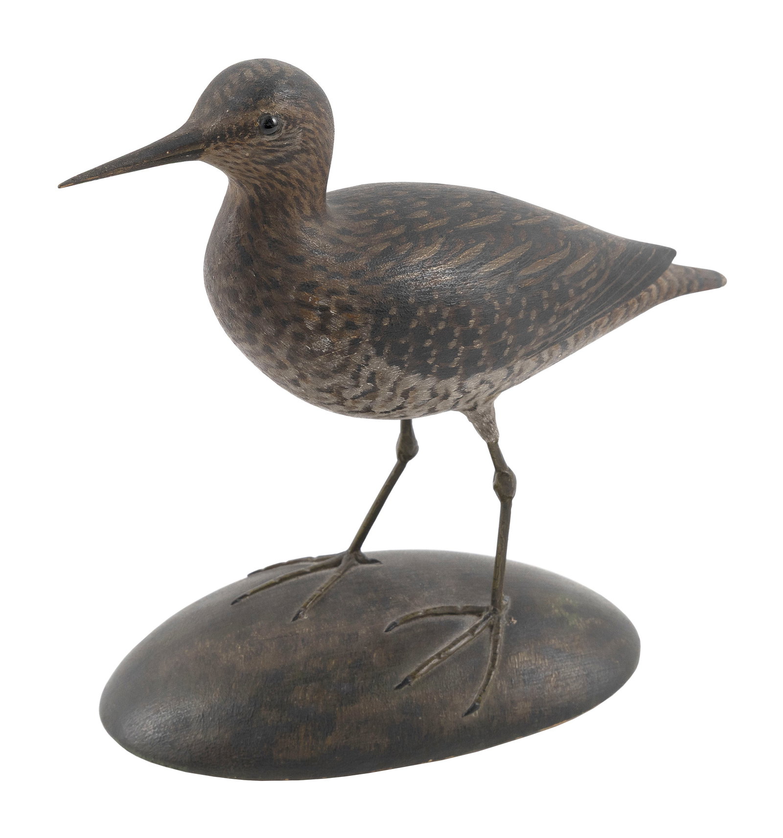 A. ELMER CROWELL LIFE-SIZE CARVING OF A SNIPE East Harwich, Massachusetts, Circa 1920-1930 Height: A. ELMER CROWELL LIFE-SIZE CARVING OF A SNIPE East Harwich, Massachusetts, Circa 1920-1930 Inset glass eyes. Mounted on a painted oval base. Crisp oval maker's brand on underside "A. Elmer Crowell Dec