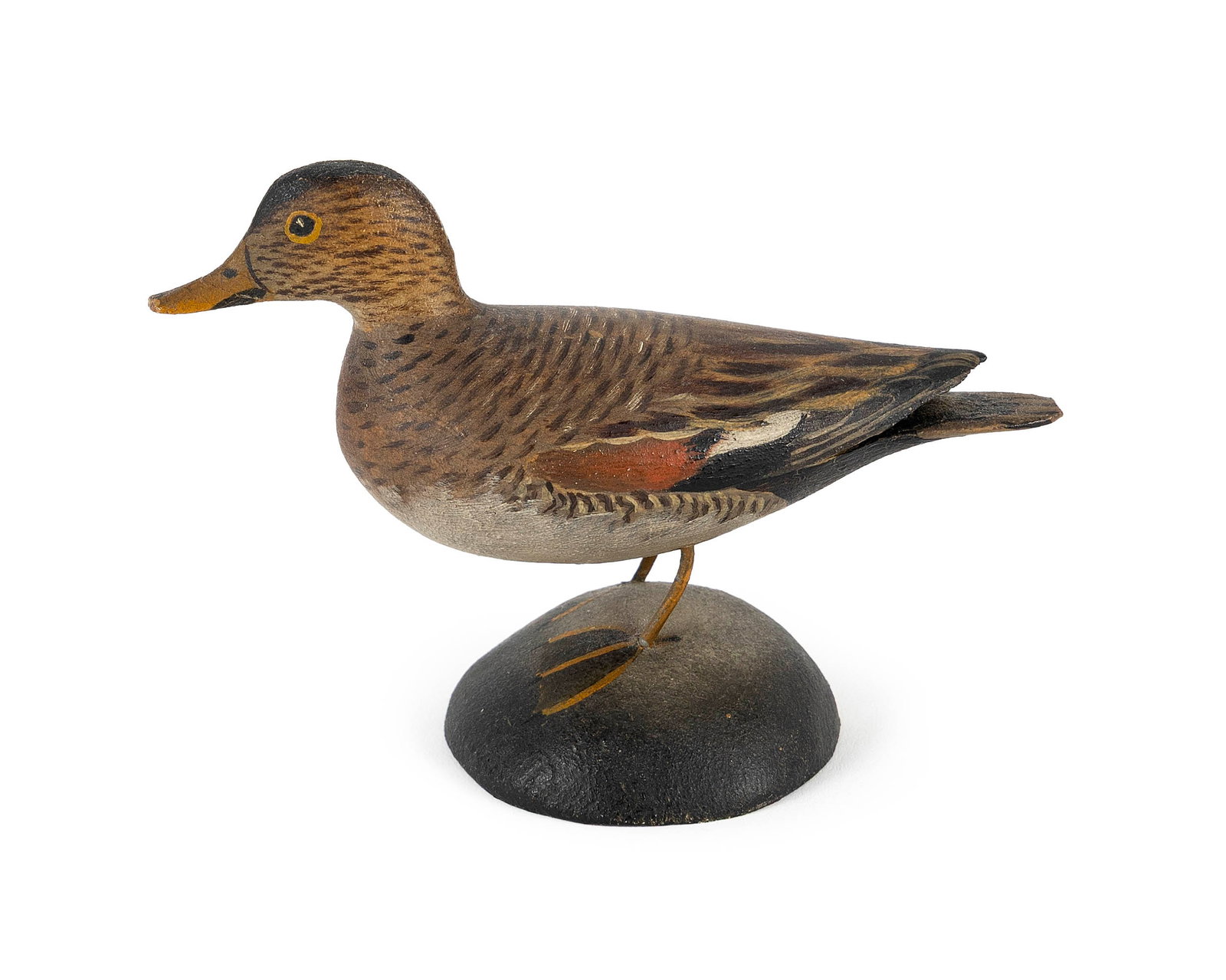 A. ELMER CROWELL MINIATURE CARVING OF A GADWALL DRAKE East Harwich, Massachusetts, Circa 1930 Height: A. ELMER CROWELL MINIATURE CARVING OF A GADWALL DRAKE East Harwich, Massachusetts, Circa 1930 Mounted on a round base. Height 2.5". Provenance: Eldred's, sale date unknown. The Collection of Nancy