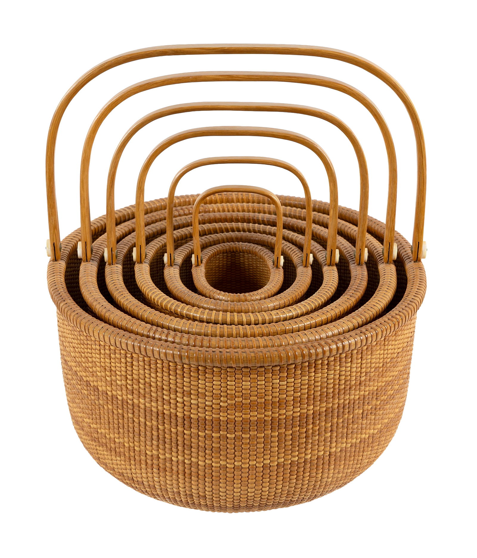 NEST OF SIX MICHAEL KANE NANTUCKET BASKETS Nantucket, Massachusetts, 20th Century Heights to 7.25". (1 of 7)