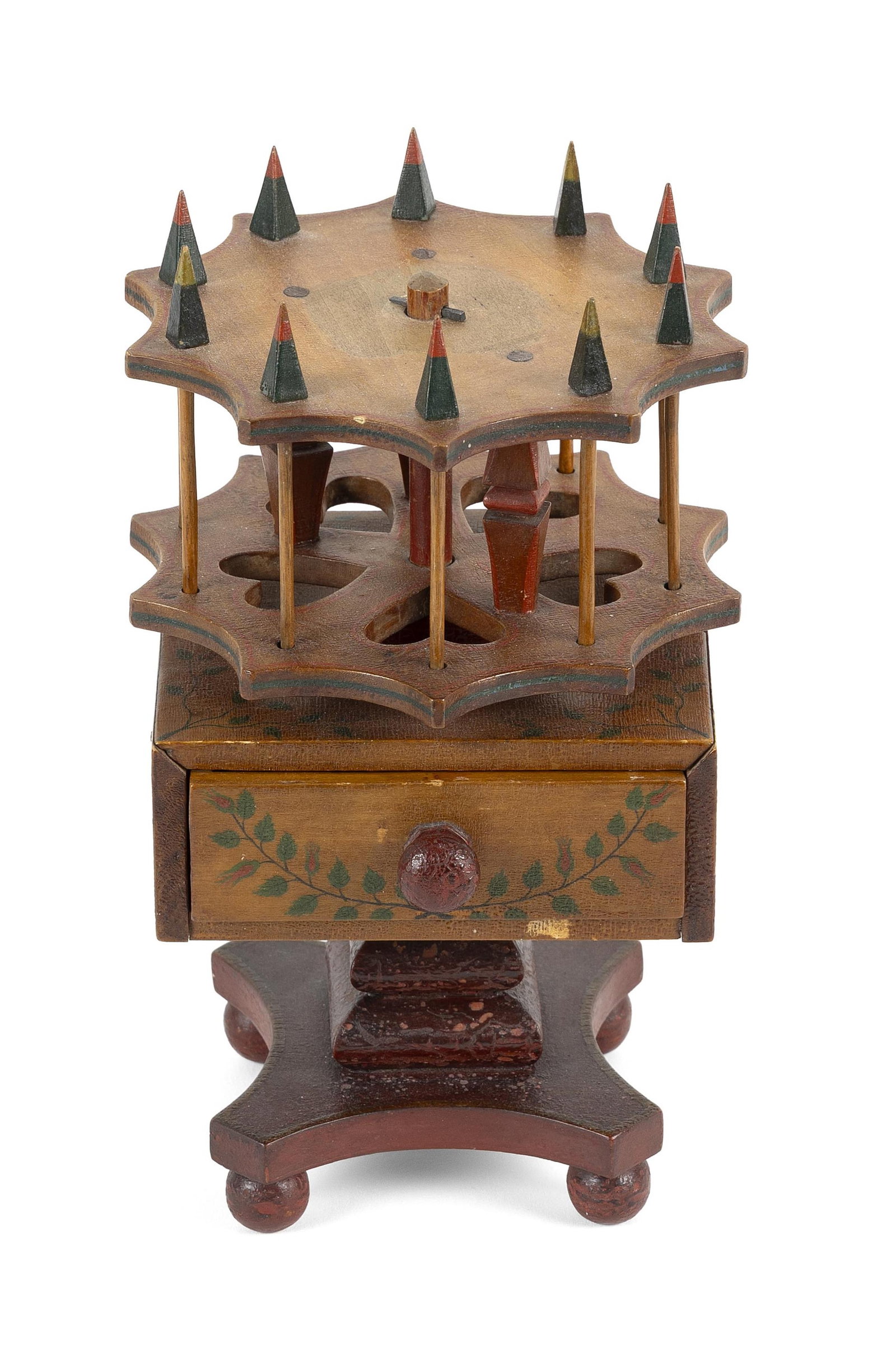 INTERESTING PAINT-DECORATED MAPLE SPOOL HOLDER New England, 19th Century Height 8.75". Width 4.5". (1 of 4)
