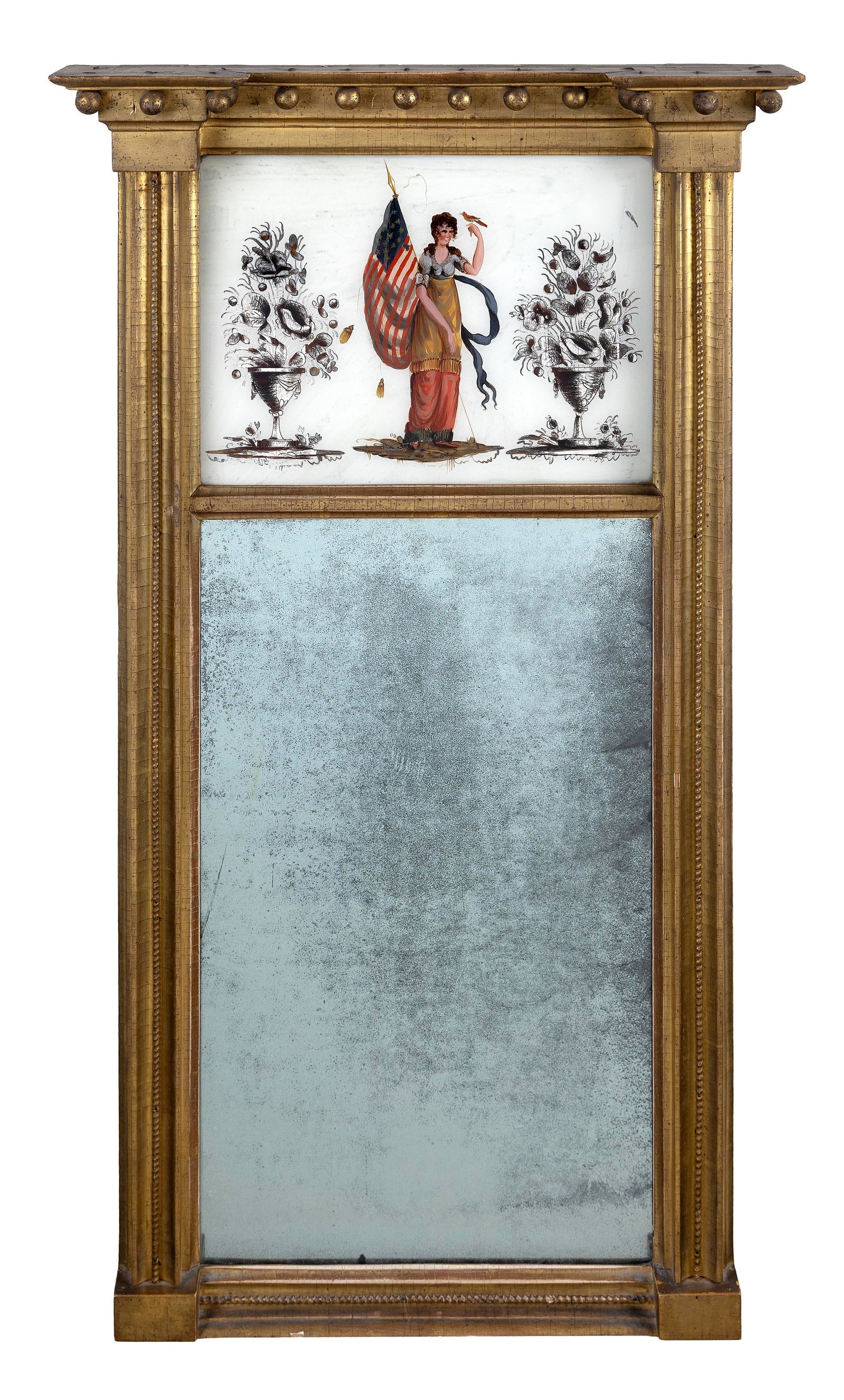 FEDERAL GILTWOOD AND GESSO LOOKING GLASS Probably Boston, Circa 1810 Height 33". Width 18.5". (1 of 2)