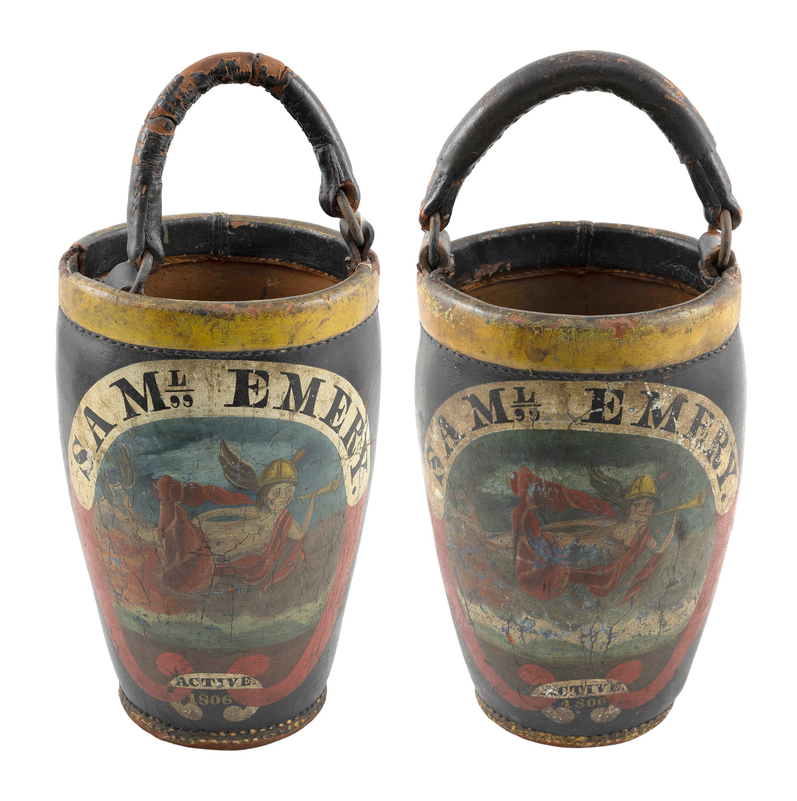 PAIR OF PAINTED LEATHER FIRE BUCKETS Boston, Circa 1806 Heights 13.25". (1 of 7)