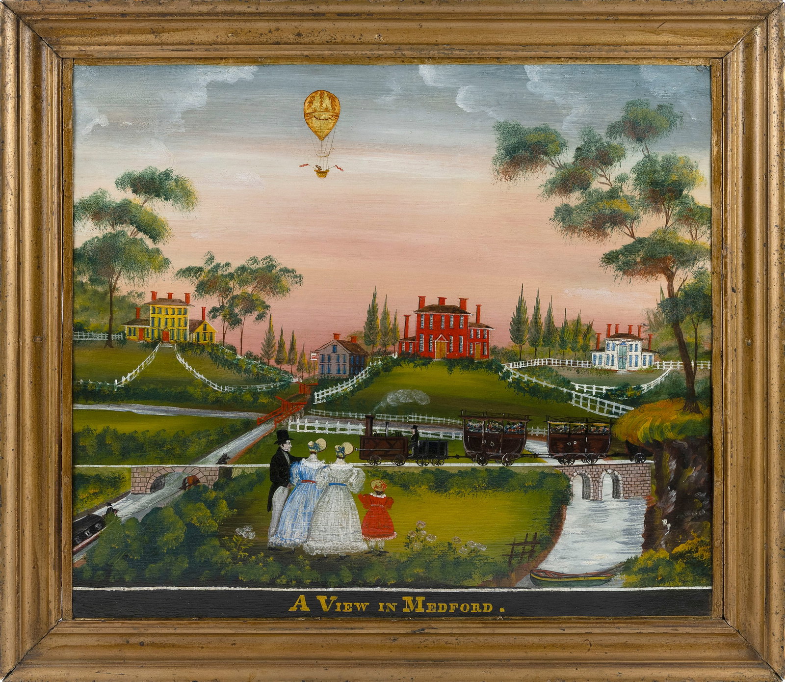 AMERICAN SCHOOL (Circa 1830,), "A View in Medford"., Oil on board, 19.5" x 22.5". Framed 23" x 26". (1 of 1)