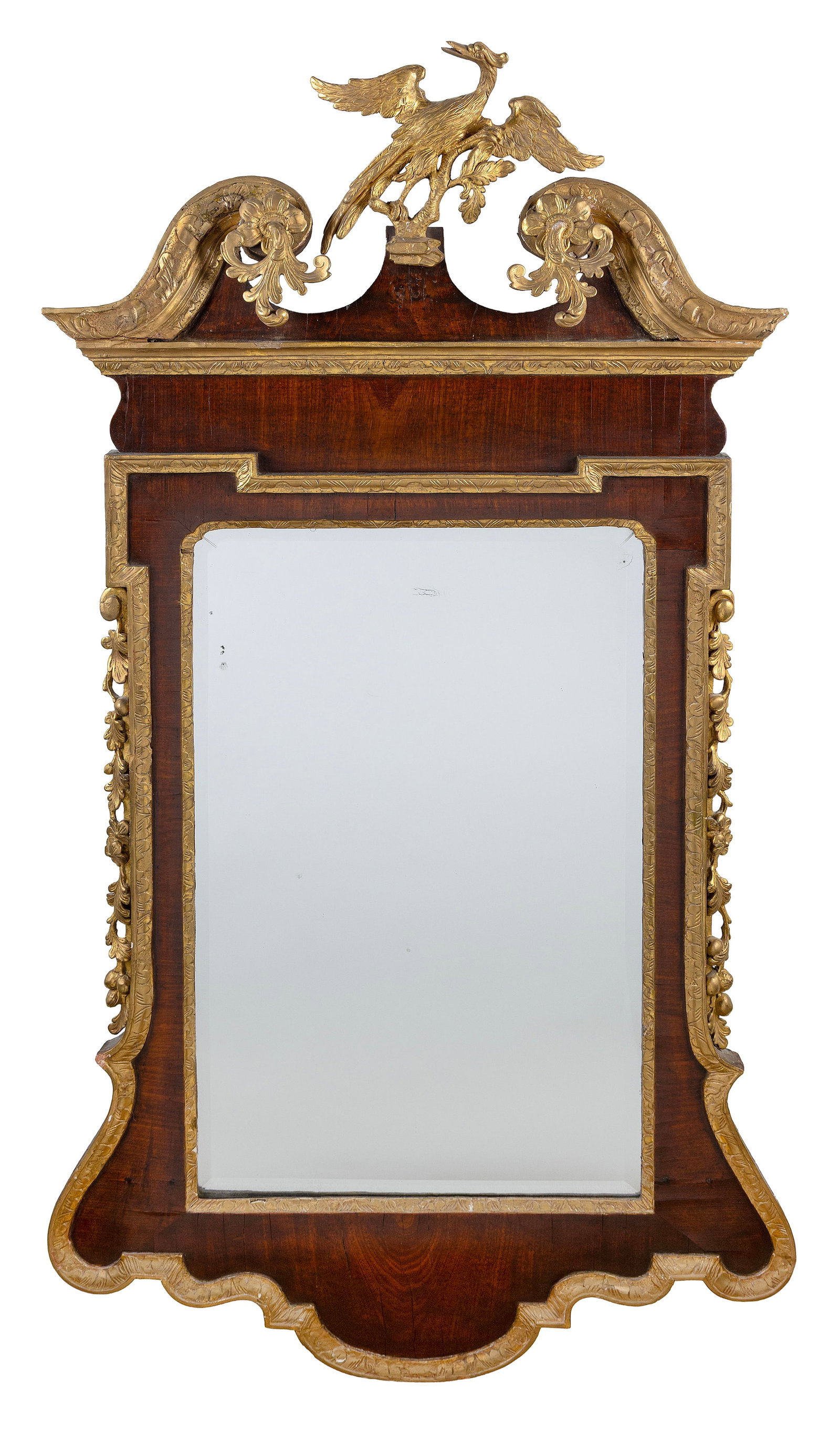 CHIPPENDALE MAHOGANY VENEER AND PARCEL GILT MIRROR Circa 1775 Height 59". Width 29.5". (1 of 1)