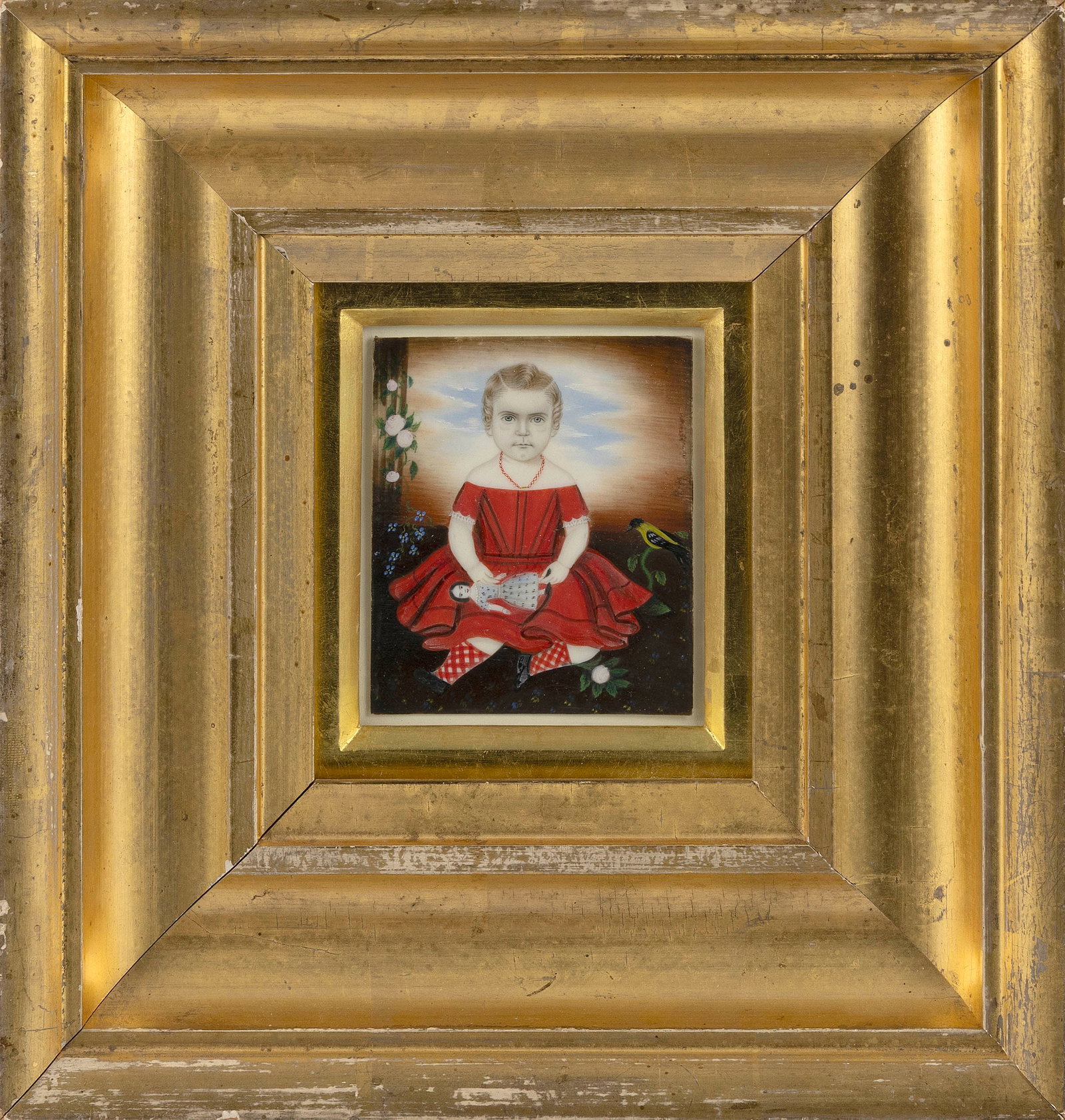 ATTRIBUTED TO MRS. MOSES B. (CLARISSA PETERS) RUSSELL (Massachusetts, 1809-?1854), Portrait: ATTRIBUTED TO MRS. MOSES B. (CLARISSA PETERS) RUSSELL Massachusetts, 1809-?1854 Portrait miniature on ivory of a child wearing a scarlet red dress, a coral bead necklace and red and white patterned so