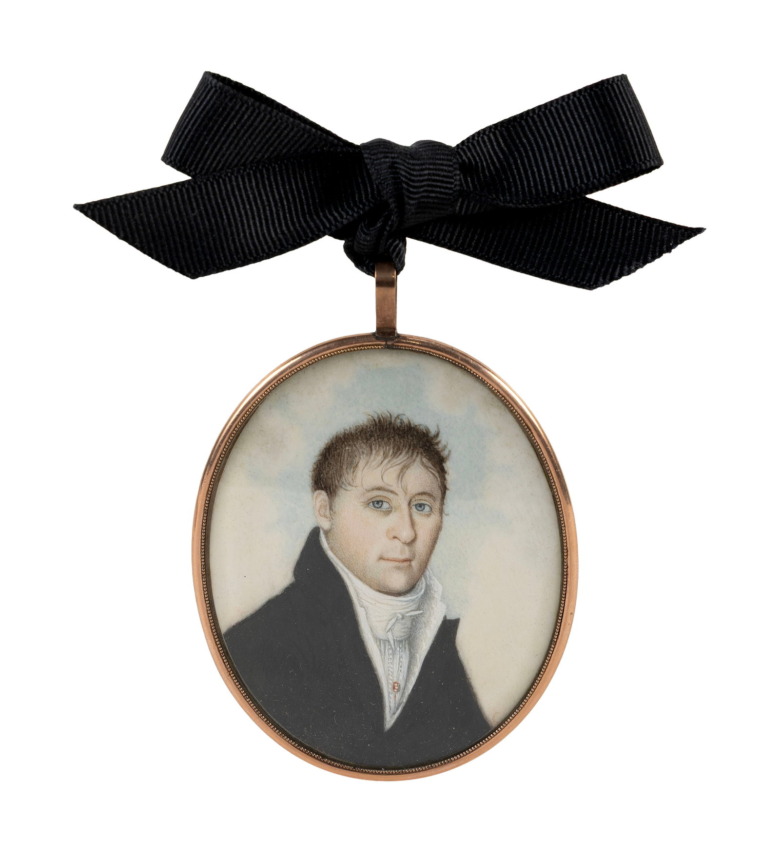 AMERICAN SCHOOL (19th Century,), Portrait miniature on ivory of a gentleman, Watercolor, 3" x 2.25": AMERICAN SCHOOL 19th Century Portrait miniature on ivory of a gentleman wearing a black jacket, white stock and a red pin. Housed in a gold-tone metal pendant frame engraved "Dr. William Cocke" verso.