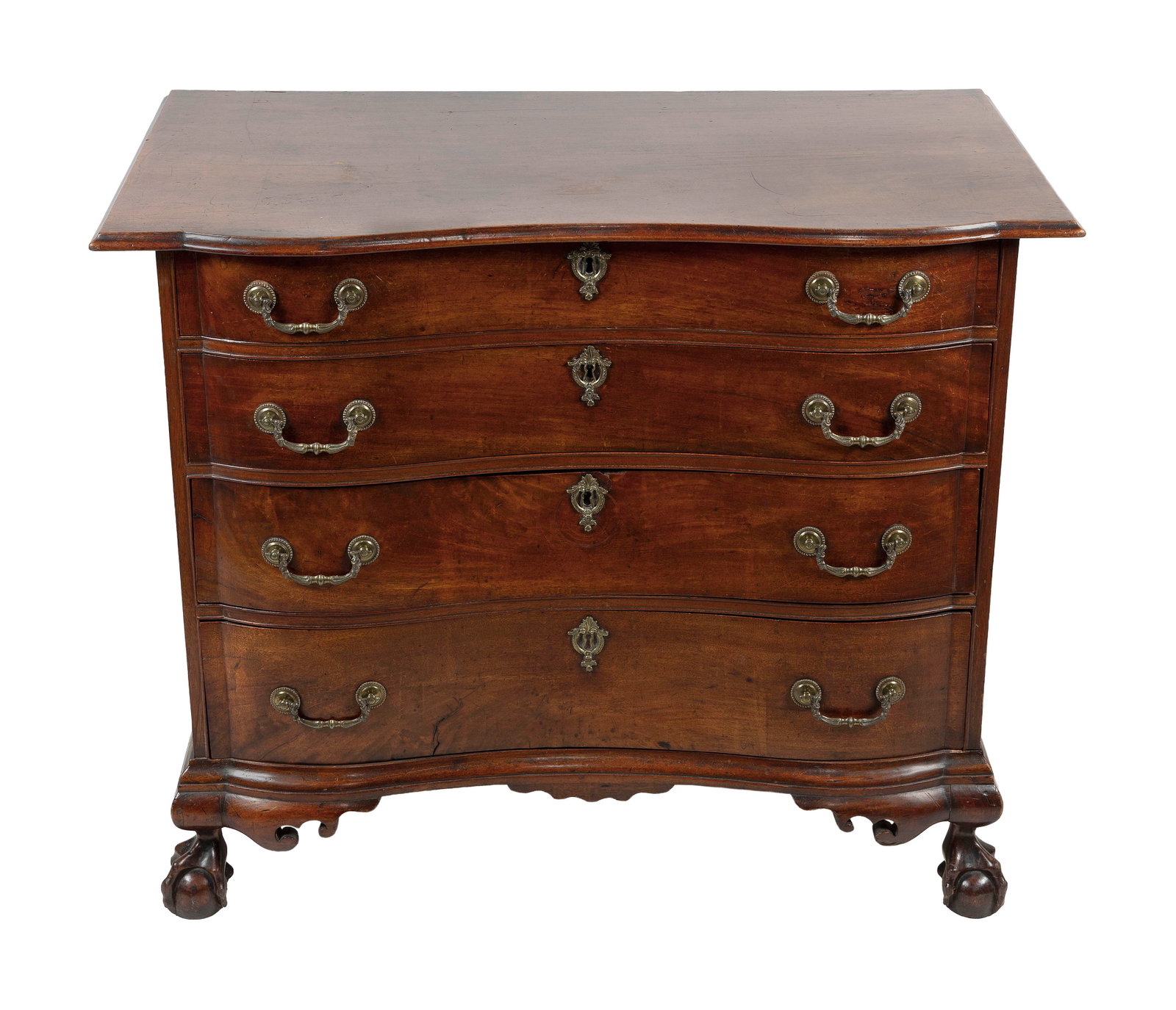 CHIPPENDALE MAHOGANY REVERSE-SERPENTINE CHEST OF DRAWERS Massachusetts, Circa 1780 Height 32.5". (1 of 7)
