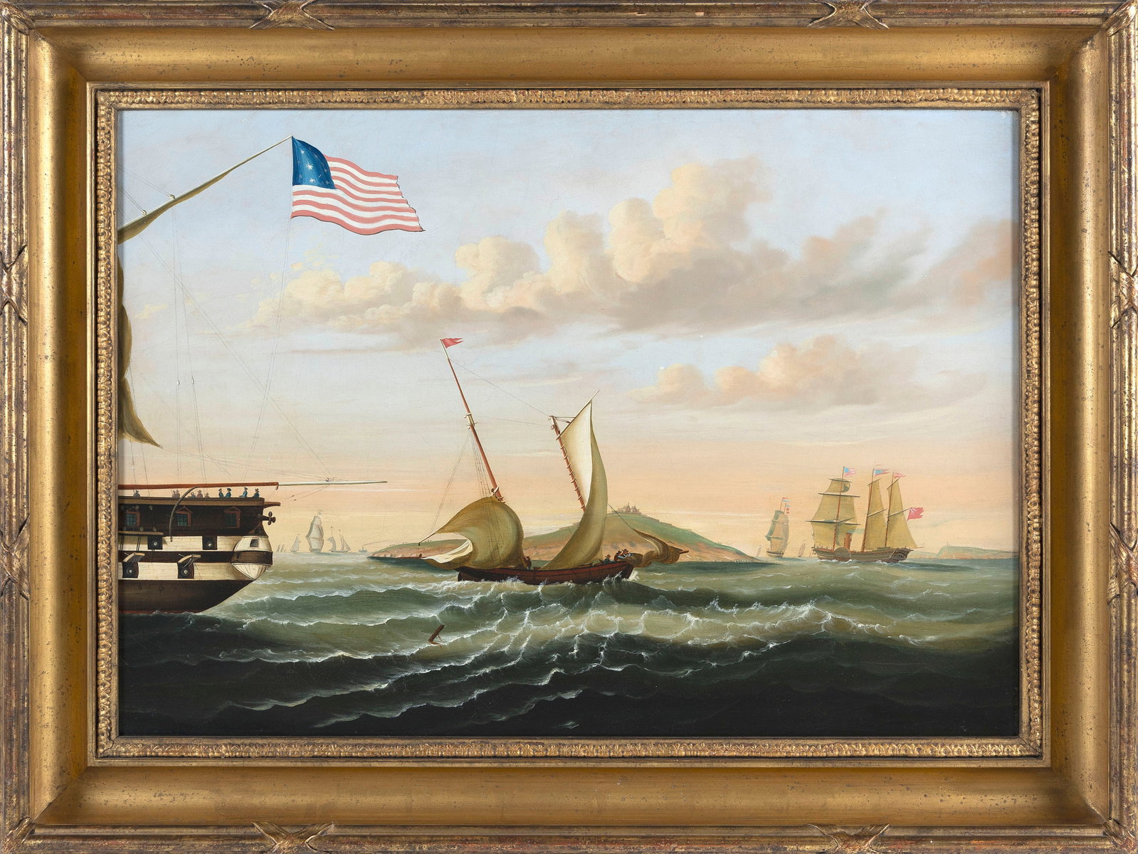 THOMAS CHAMBERS (New York/England, 1808-1866/1869), The U.S.S. Ohio in Boston Harbor, with Governors: THOMAS CHAMBERS New York/England, 1808-1866/1869 The U.S.S. Ohio in Boston Harbor, with Governors Island in the distance. Stern view of the two-decker man-of-war proudly flying a bold American flag. T