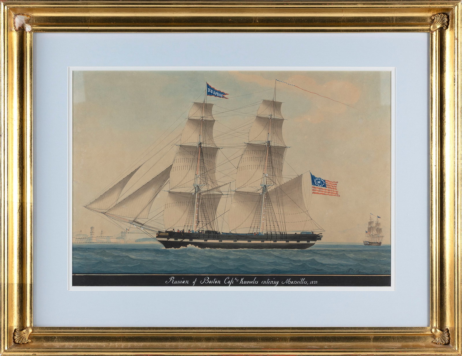 HONORE PELLEGRIN (France, 1800-1870), "Russia of Boston Capt. Knowles Entering Marseille"., (1 of 1)