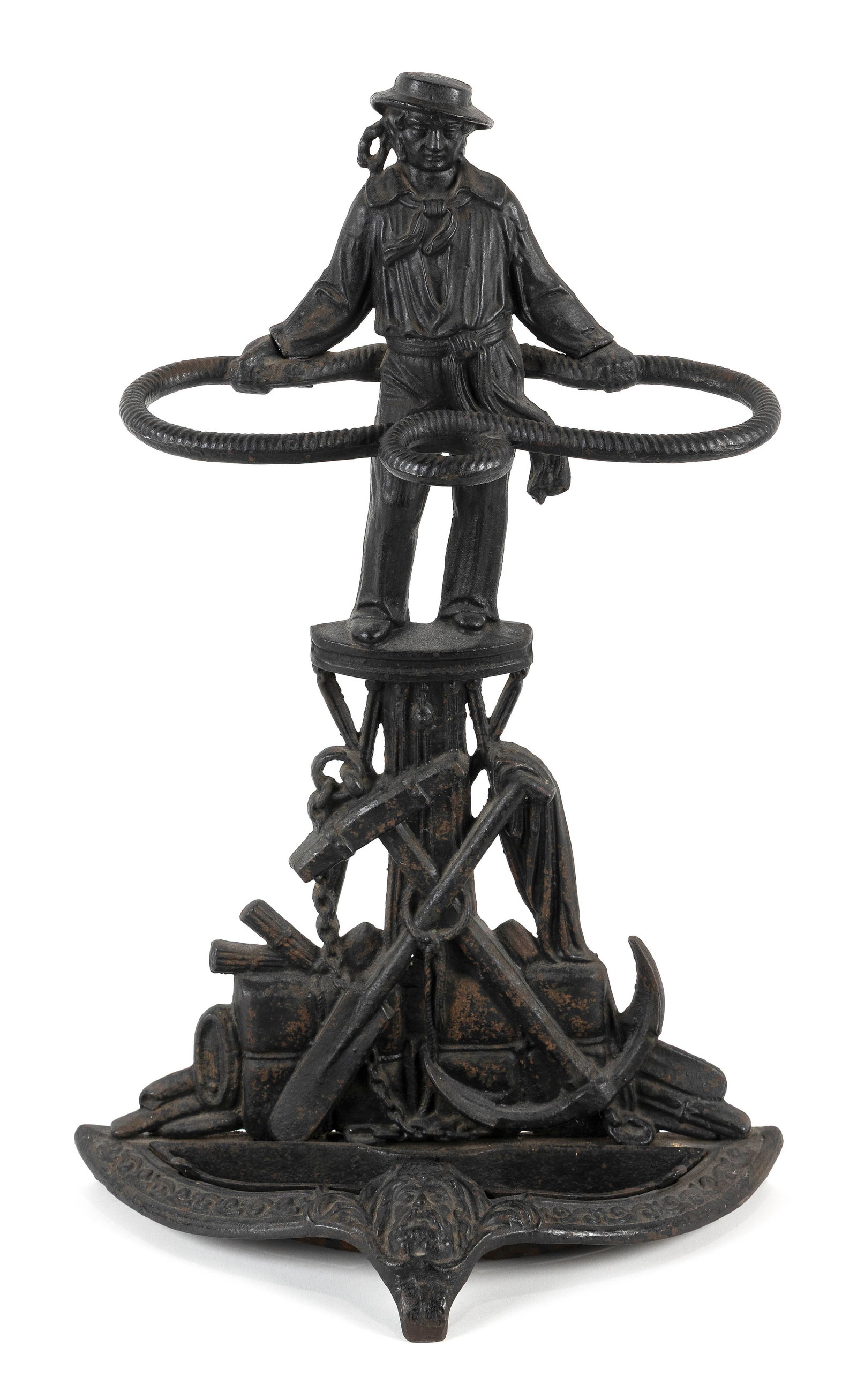 VICTORIAN CAST IRON "JACK TAR" UMBRELLA STAND America or England, Mid-19th Century Height 27.25". (1 of 4)