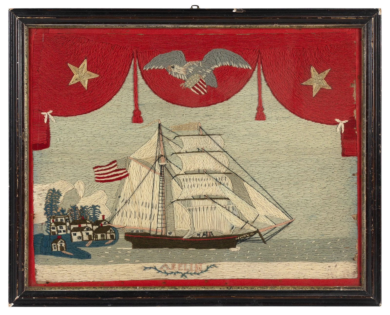 AMERICAN WOOLWORK PICTURE OF THE BRIGANTINE "ARELIN" 19th Century 12.75" x 16.5" sight. Framed (1 of 2)