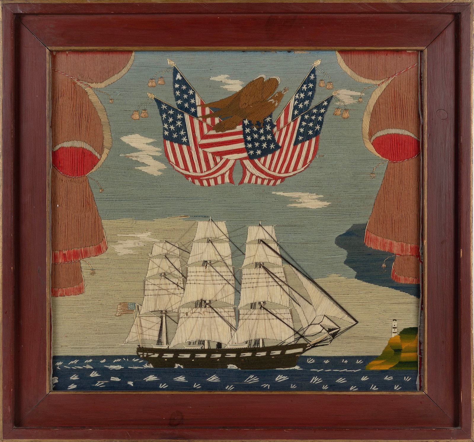 EXTREMELY RARE AND IMPORTANT AMERICAN WOOLWORK PICTURE Mid-19th Century 18.5" x 20.5" sight. Framed (1 of 2)