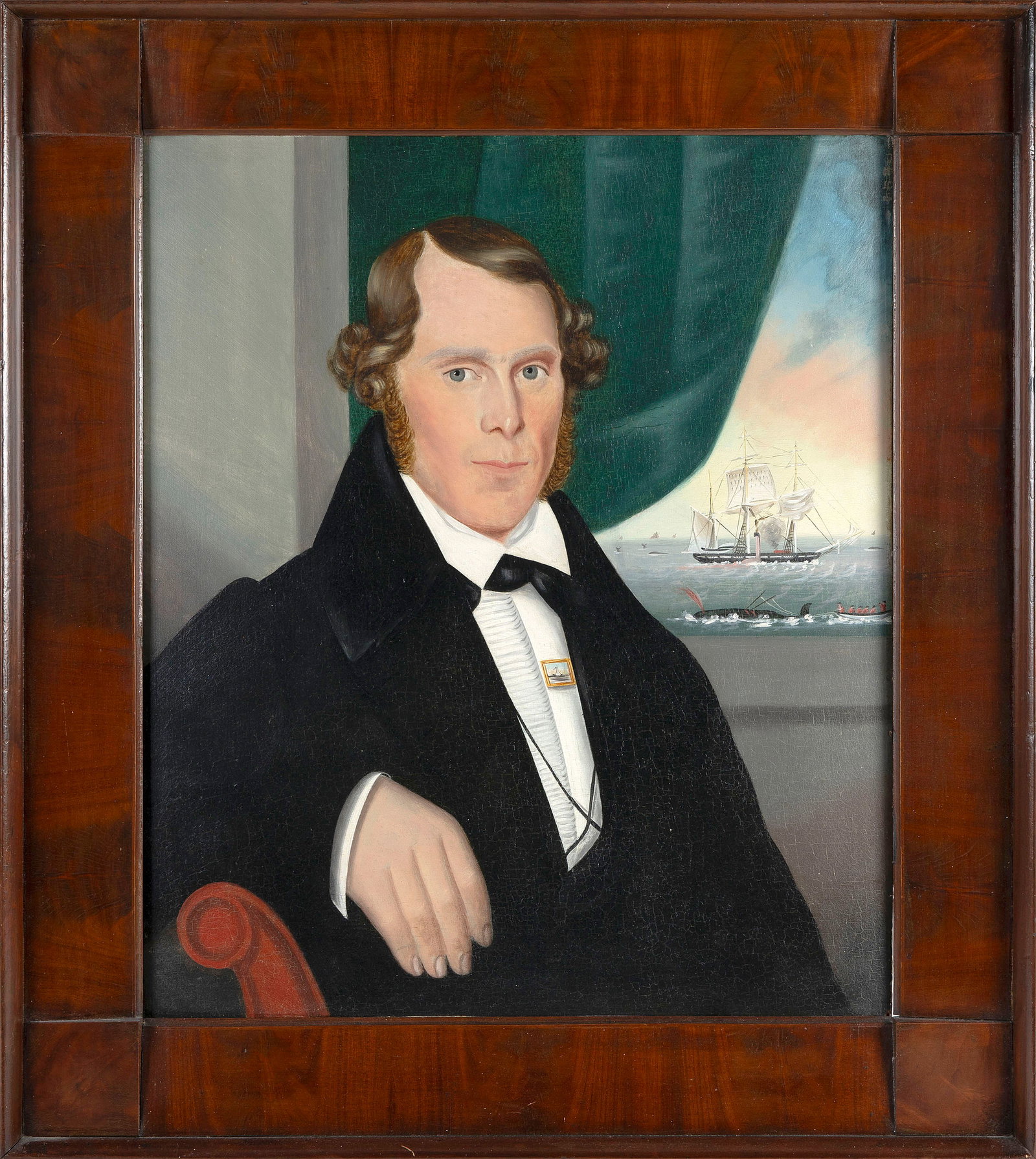 ISAAC SHEFFIELD (Connecticut, 1798-1845), Sea captain at a window, circa 1840., Oil on wood panel, (1 of 4)