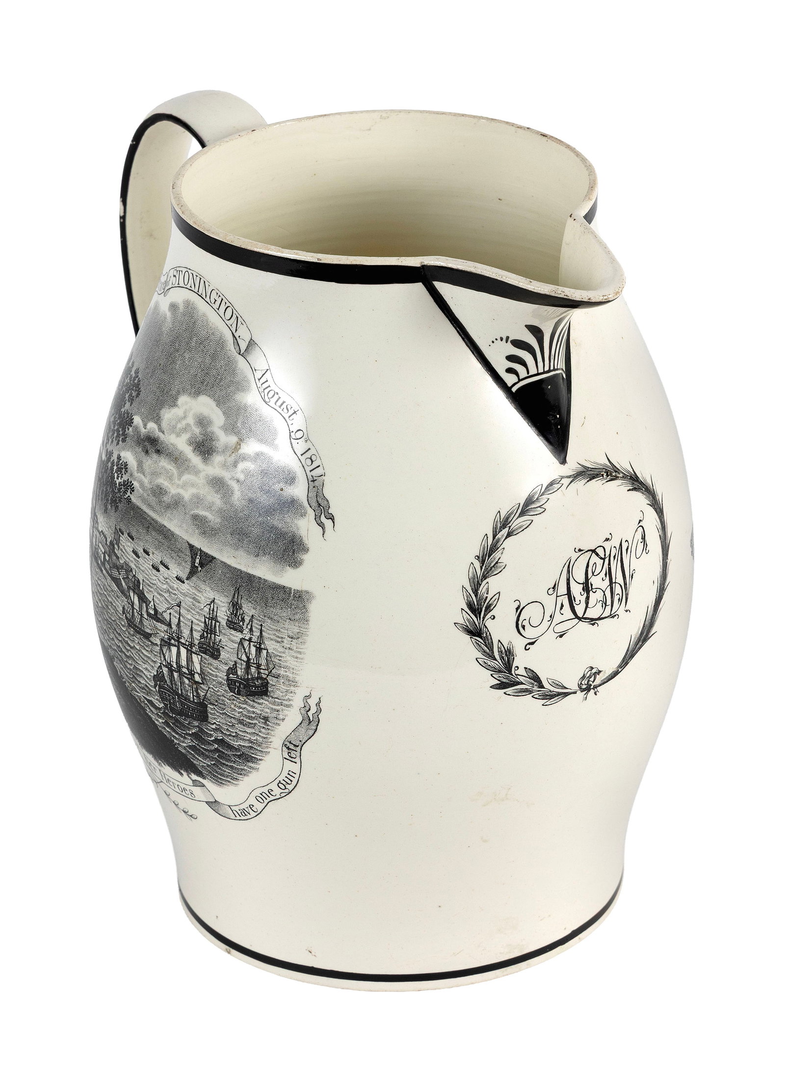 EXTREMELY RARE AND IMPORTANT TRANSFER-DECORTED CREAMWARE PITCHER PERTAINING TO STONINGTON, (1 of 5)