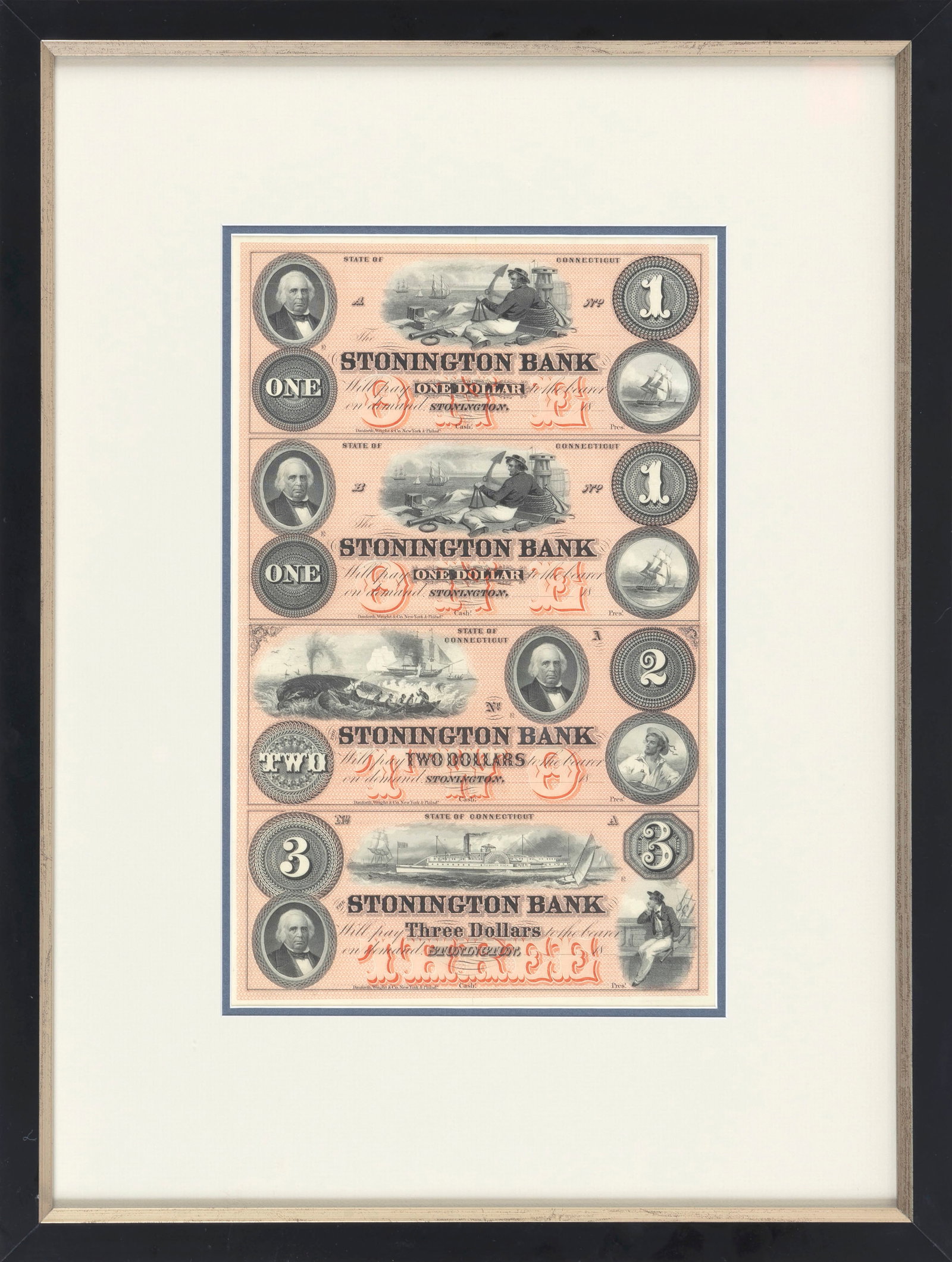 SHEET OF UNCUT STONINGTON BANK NOTES Stonington, Connecticut, Mid-19th Century 12" x 7.5" sight. (1 of 3)