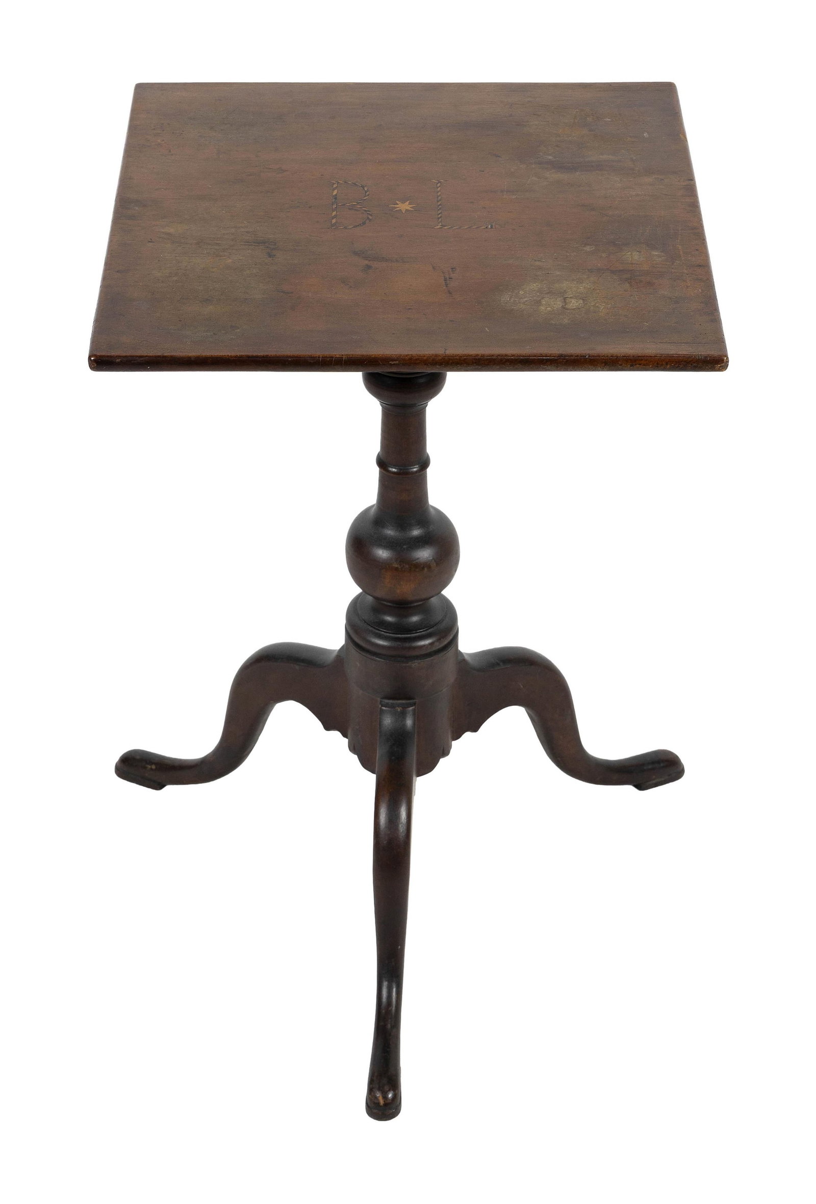 CHIPPENDALE INLAID CHERRY CANDLESTAND Connecticut, probably New London County, Circa 1800 Height: CHIPPENDALE INLAID CHERRY CANDLESTAND Connecticut, probably New London County, Circa 1800 Top inlaid with a barber's pole "B" and "L" flanking a light wood seven-pointed star. Ring-turned pedestal wit