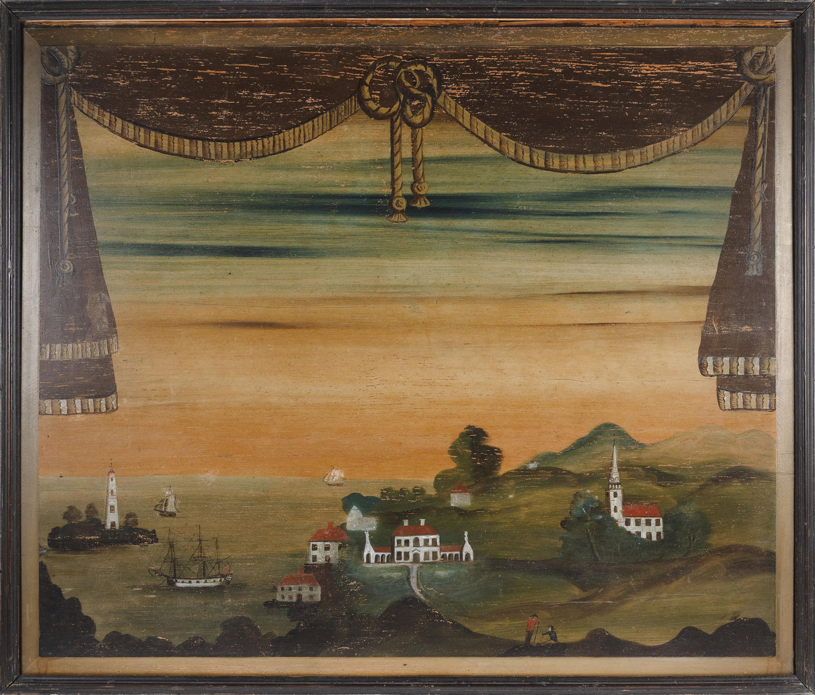 IMPORTANT OVERMANTEL PAINTING OF A NEW ENGLAND LANDSCAPE Canterbury, Connecticut, Circa 1810 Oil on: IMPORTANT OVERMANTEL PAINTING OF A NEW ENGLAND LANDSCAPE Canterbury, Connecticut, Circa 1810 Originally painted for the northeast bedroom chamber of the Robert Buswell / Palmer House in Canterbury, Co