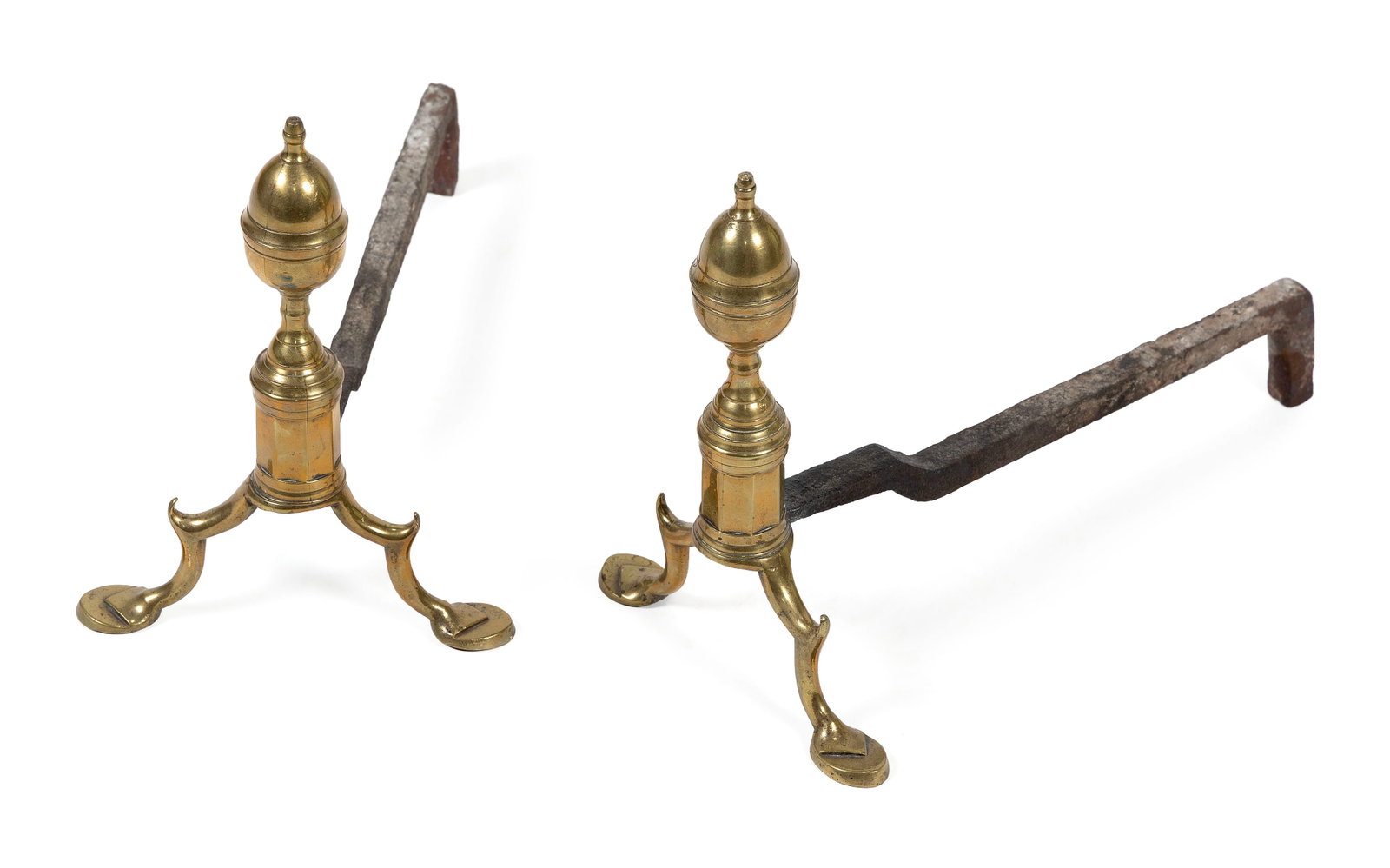 RARE PAIR OF SMALL BRASS ANDIRONS Probably America, Circa 1800 Heights 11.5". Depths 15.5". (1 of 2)