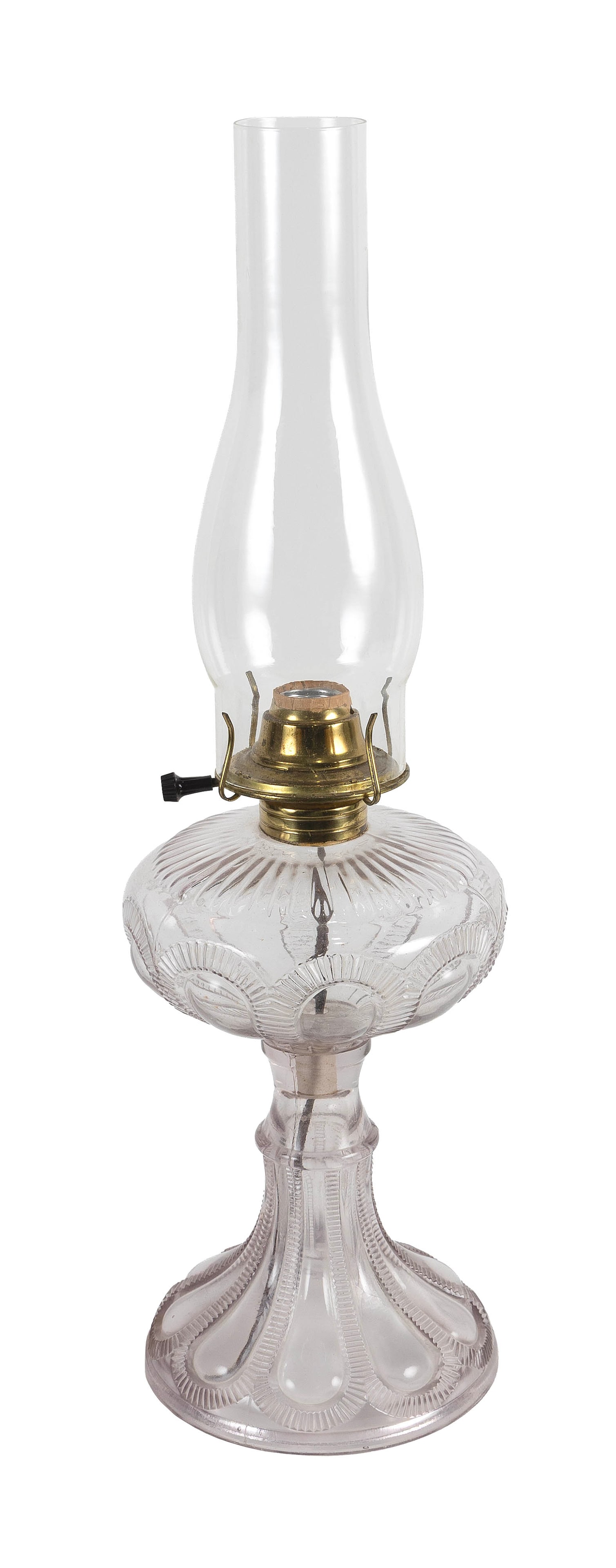 PATTERN GLASS OIL LAMP WITH CHIMNEY Late 19th Century Total height 20.75".: PATTERN GLASS OIL LAMP WITH CHIMNEY Late 19th Century Electrified. Total height 20.75". Provenance: The Collection of Nancy & Larry Dickson.