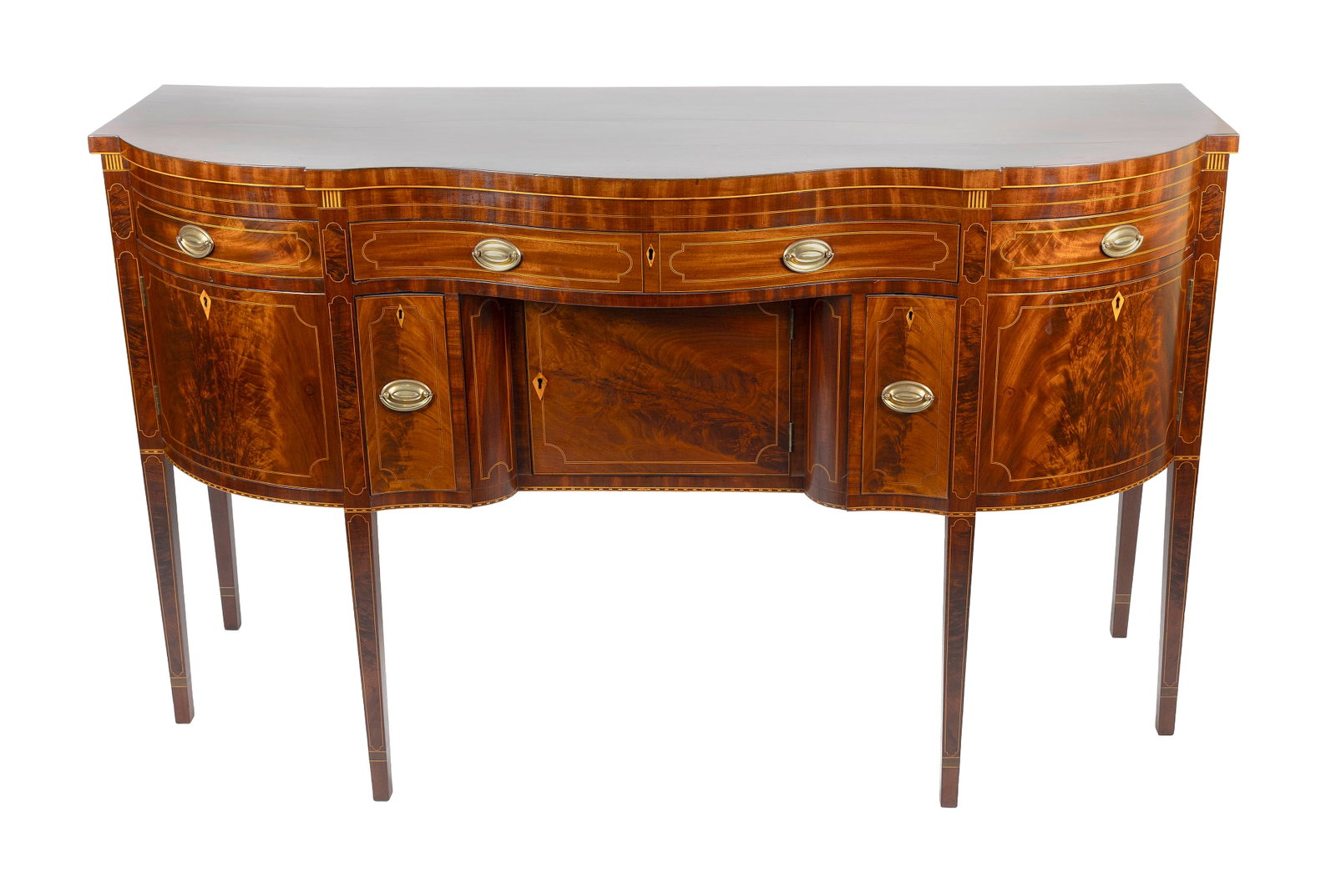 FEDERAL INLAID MAHOGANY SERPENTINE-FRONT SIDEBOARD New York, Circa 1800 Height 44". Width 73". Depth (1 of 5)