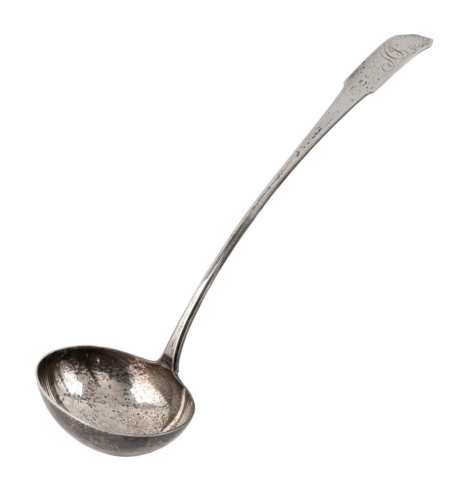 J. & A. SIMMONS AMERICAN SILVER LADLE New York, Circa 1805 Approx. 7.8 troy oz.: J. & A. SIMMONS AMERICAN SILVER LADLE New York, Circa 1805 Monogrammed coffin handle. Stamped "J & A Simmons". Length 14.25". Approx. 7.8 troy oz. Provenance: Marguerite Riordan, Stonington, Connectic