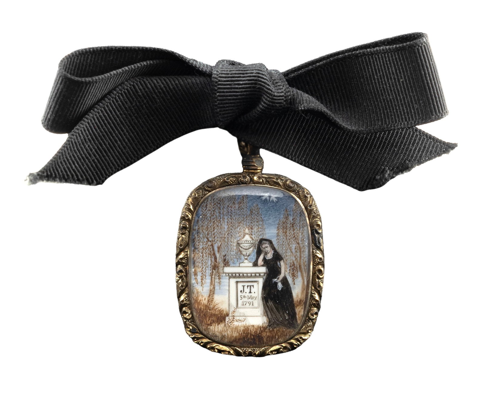 AMERICAN SCHOOL (Probably New England, Circa 1791), Mourning portrait miniature on ivory,: AMERICAN SCHOOL Probably New England, Circa 1791 Mourning portrait miniature on ivory depicting a woman in black holding a handkerchief and resting her head in her hand as she leans against a memorial