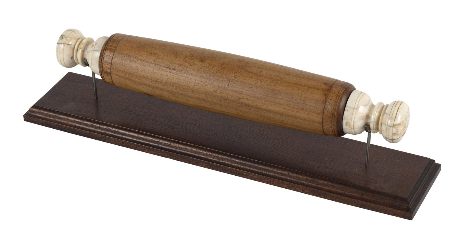 FINE SCRIMSHAW WHALE IVORY AND MAHOGANY ROLLING PIN America, Circa 1850 Length 14.75". With stand. (1 of 3)