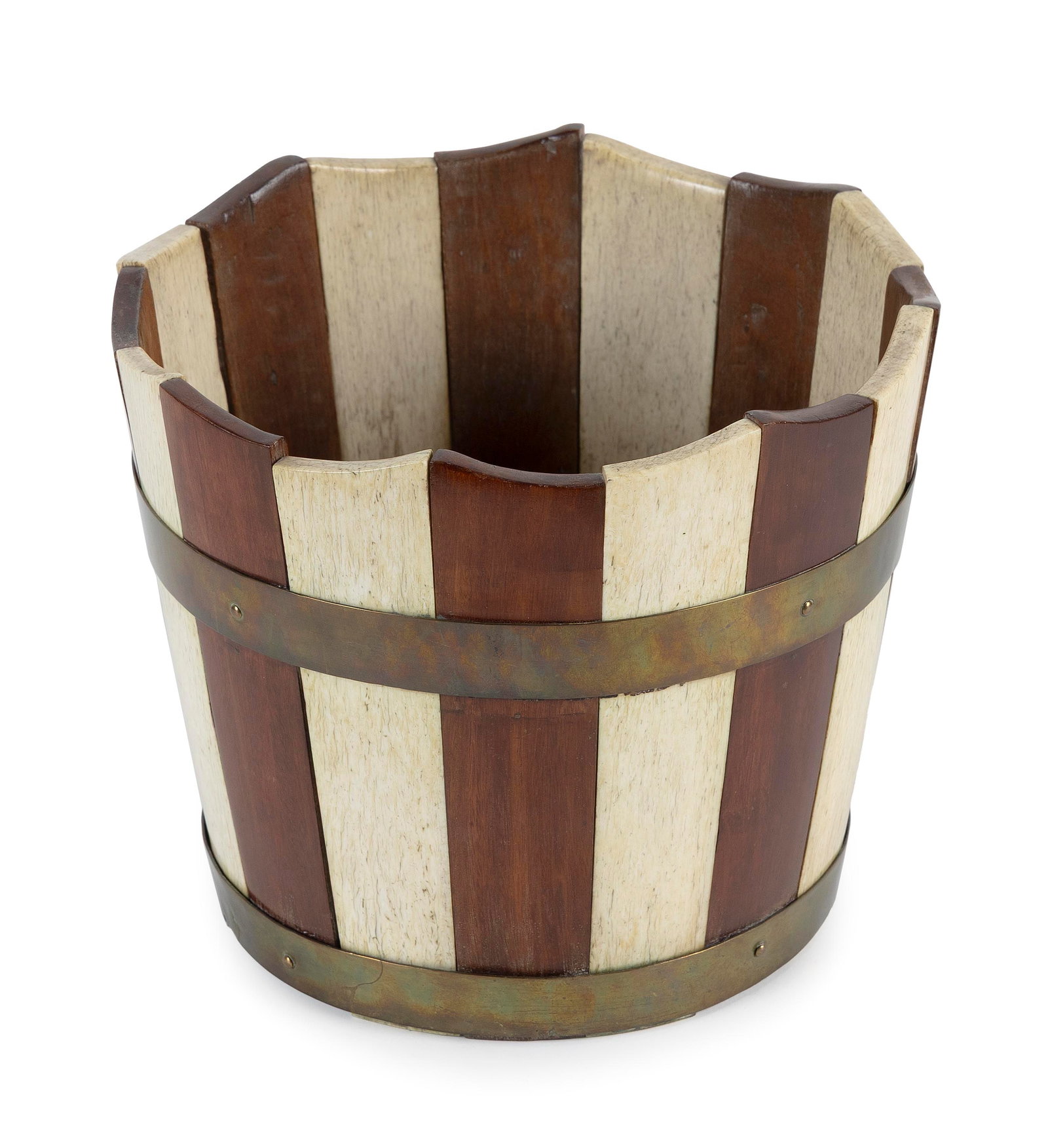 UNUSUAL SAILOR-MADE WHALEBONE AND MAHOGANY BUCKET America, Circa 1850 Height 8".: UNUSUAL SAILOR-MADE WHALEBONE AND MAHOGANY BUCKET America, Circa 1850 Constructed from alternating mahogany and whalebone staves, brass hoops and a dark and heavy hardwood base, possibly lignum vitae.