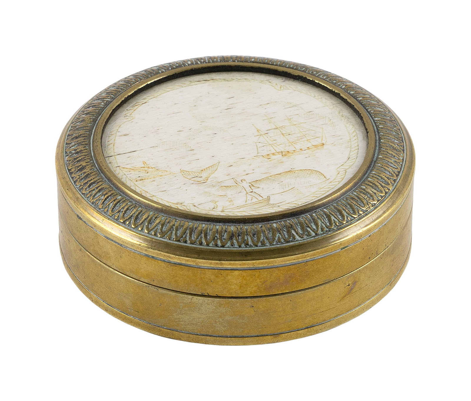 ENGLISH BRASS BOX WITH SCRIMSHAW TOP Late 19th Century Height 1". Diameter 3.25". (1 of 1)