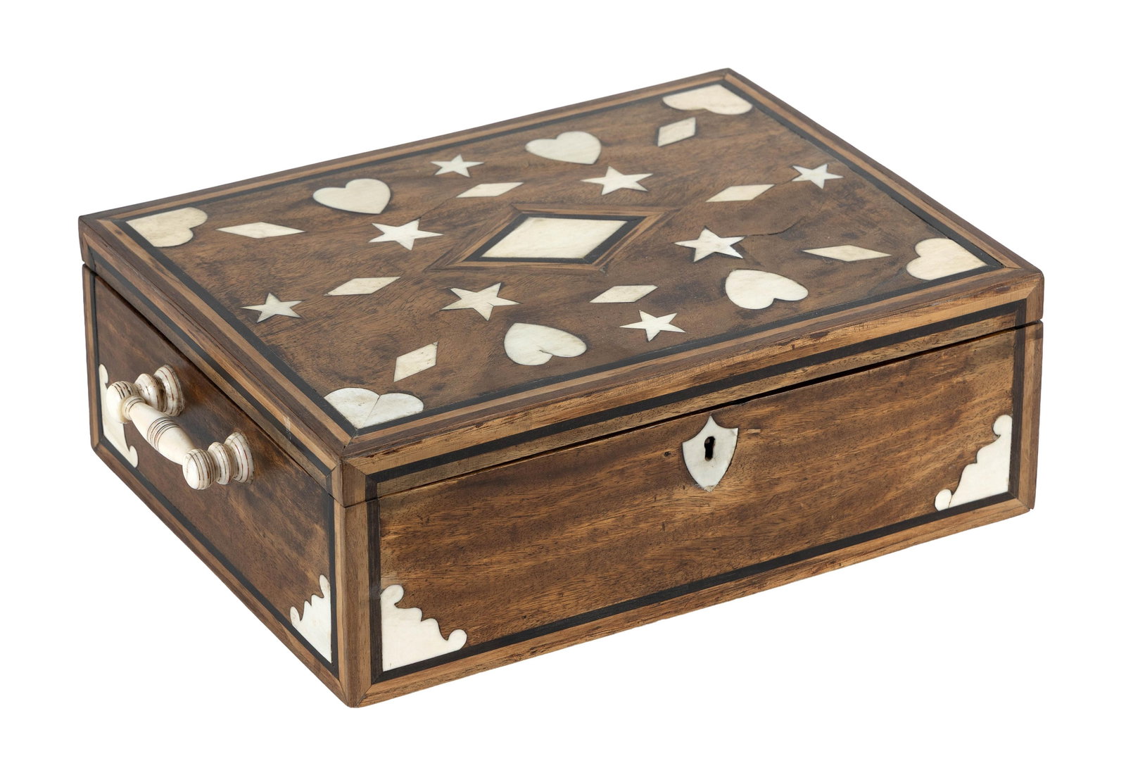VERY FINE SCRIMSHAW INLAID ROSEWOOD BOX America, Circa 1850 Height 4". Width 12". Depth 9.25". (1 of 7)