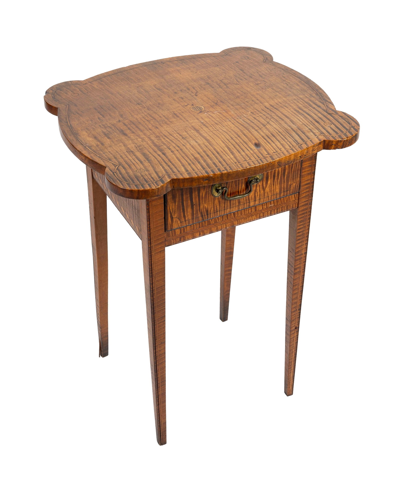 UNUSUAL HIGHLY FIGURED MAPLE TABLE New England, Circa 1800 Height 27". Width 20". Depth 17.5".: UNUSUAL HIGHLY FIGURED MAPLE TABLE New England, Circa 1800 Shaped overhanging top with line inlay along the perimeter and coin inlay at the center and at each of the out-rounded corners. Single drawer