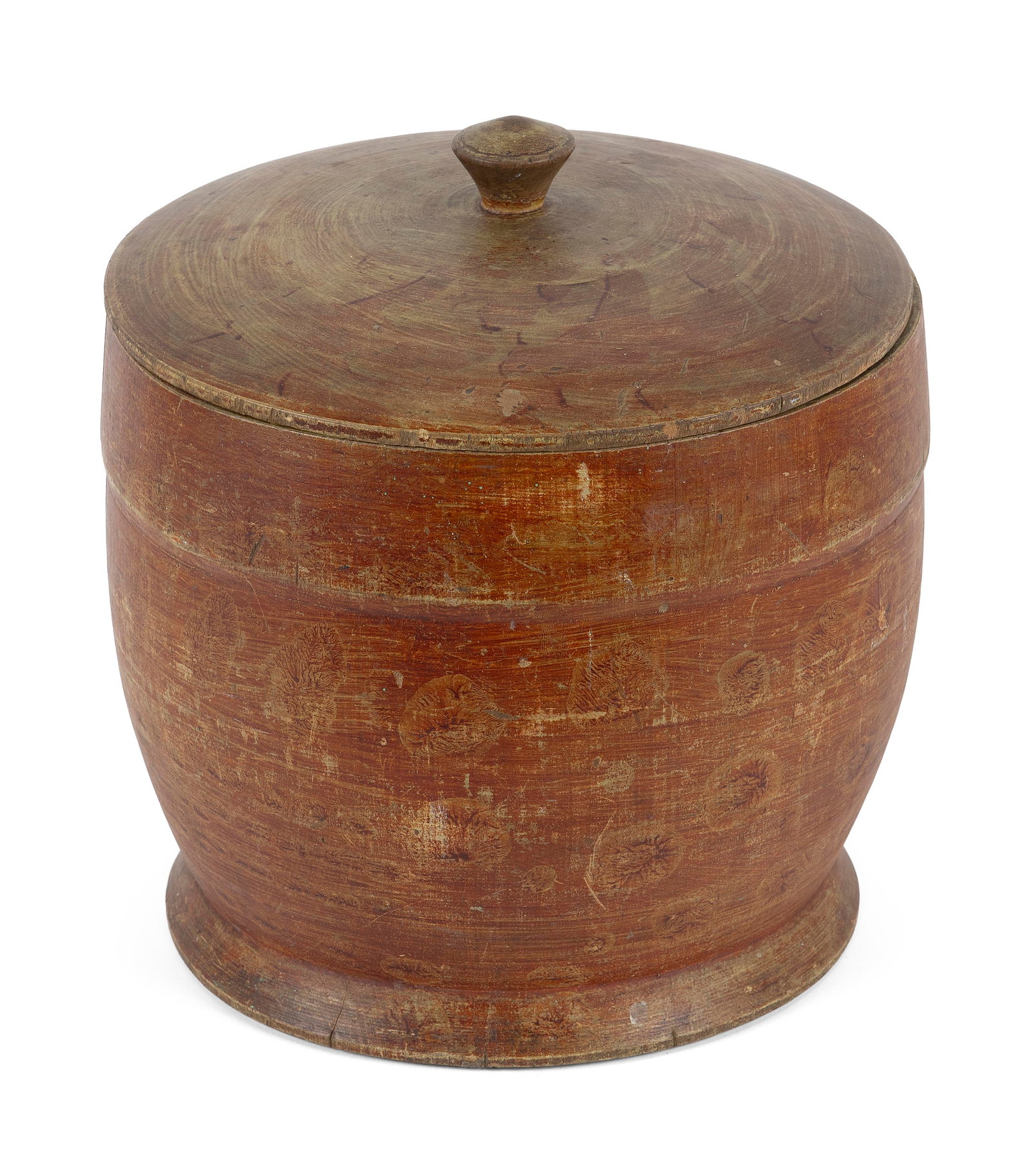 OVERSIZED RED AND OCHRE-PAINTED TREENWARE COVERED JAR Early 19th Century Total height 12". Maximum (1 of 4)