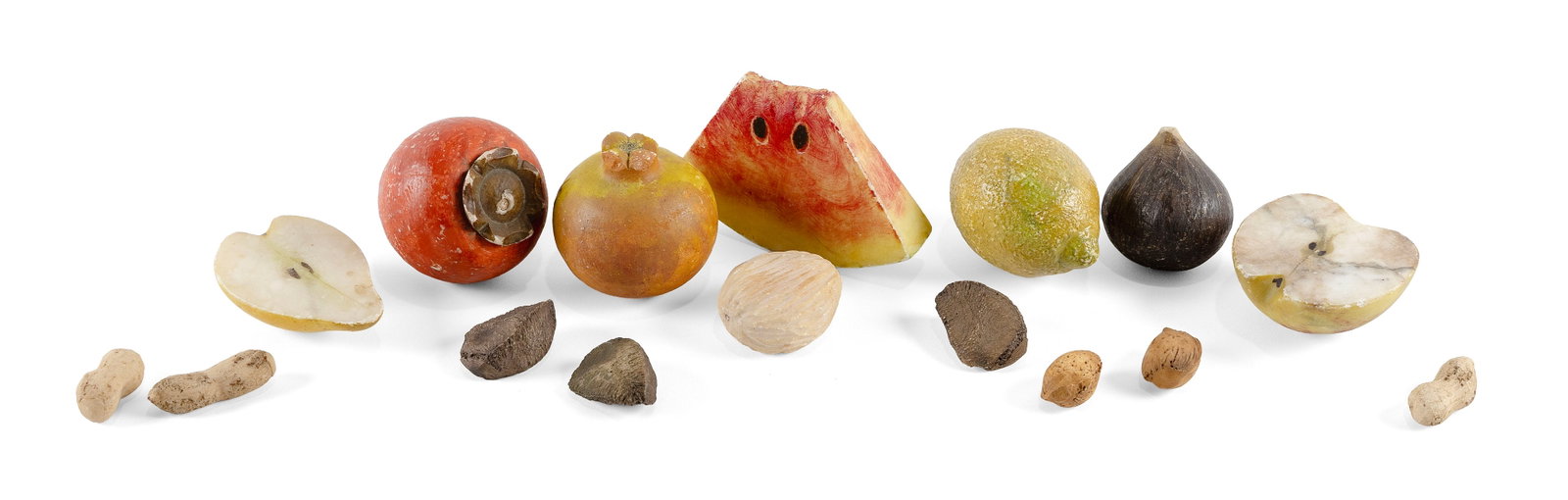 COLLECTION OF UNUSUAL STONE FRUITS AND NUTS 19th Century Watermelon slice length 3.5". (1 of 3)