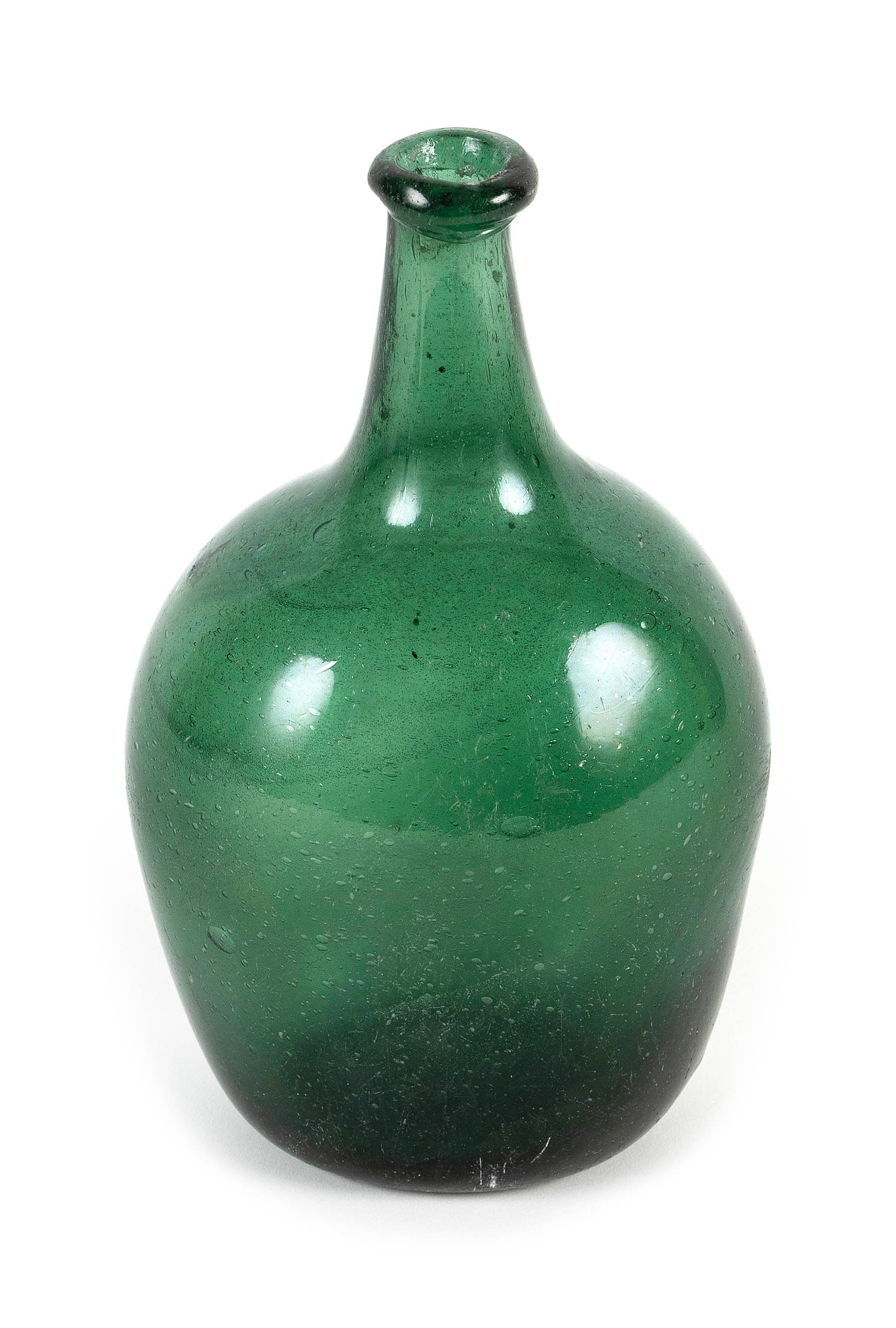 EMERALD GREEN GLASS BOTTLE, PROBABLY AMERICAN Early 19th Century Height 8". (1 of 3)