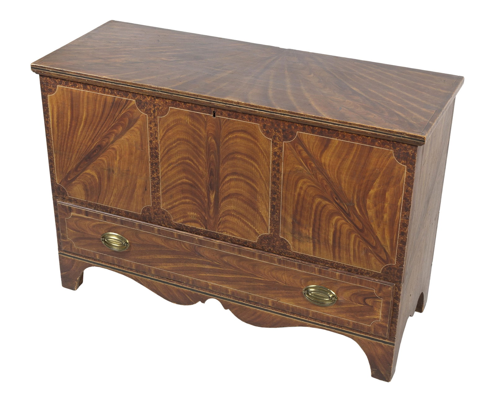 FEDERAL PAINT-DECORATED PINE BLANKET CHEST New England, Early 19th Century Height 31". Width 45.25".: FEDERAL PAINT-DECORATED PINE BLANKET CHEST New England, Early 19th Century Attributed to Thomas Matteson, South Shaftsbury, Vermont. Formal style painted decoration in muted shades of yellow and brown