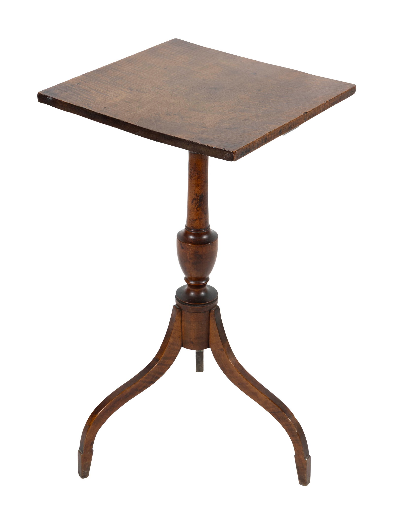 UNUSUAL FEDERAL FIGURED MAPLE CANDLESTAND New England, possibly Connecticut, Circa 1800 Height 28". (1 of 3)