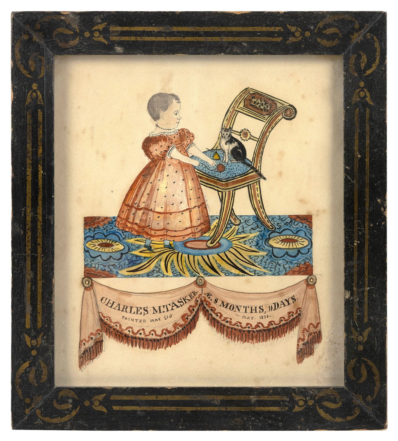 JOSEPH H. DAVIS (New Hampshire/Maine, 1811-1865), Portrait of a young Charles M. Tasker, Watercolor,: JOSEPH H. DAVIS New Hampshire/Maine, 1811-1865 Portrait of a young Charles M. Tasker, standing next to a Federal chair and offering a ball of yarn to his cat. Tasker is wearing a salmon red dress and 